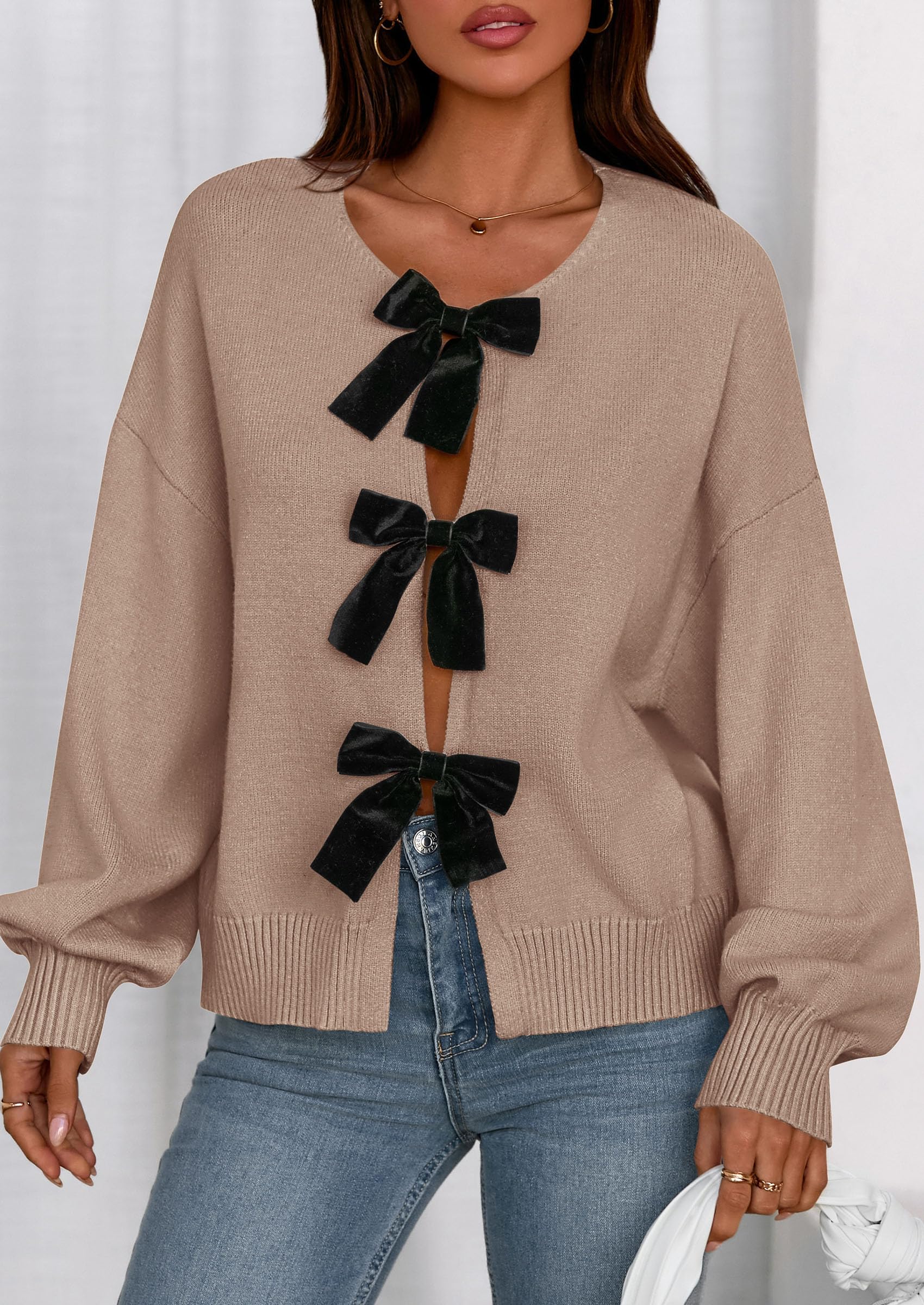 Women's Fall Bow Tie Front Cardigan Sweaters,Khaki,S