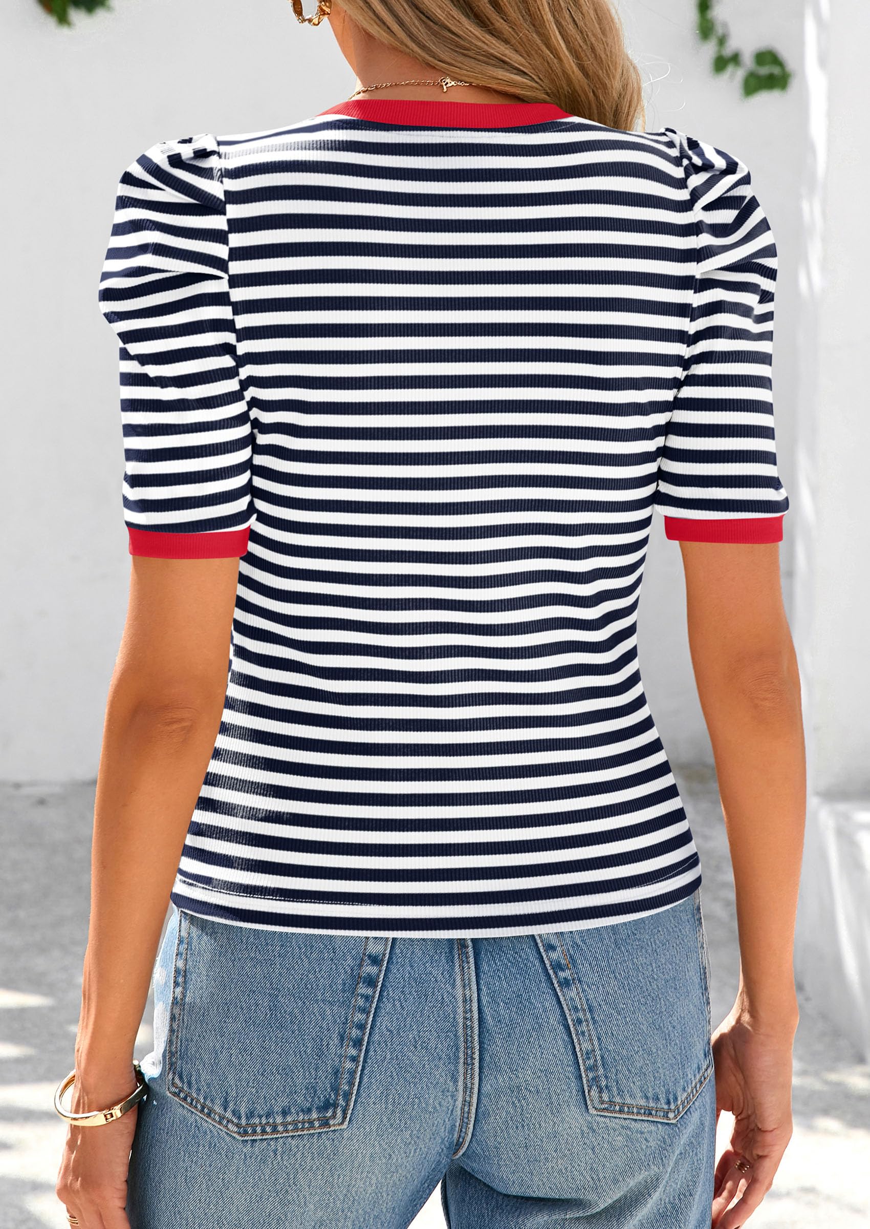 Ribbed Puff Short Sleeve Tops for Women Striped Shirt Navy,XS