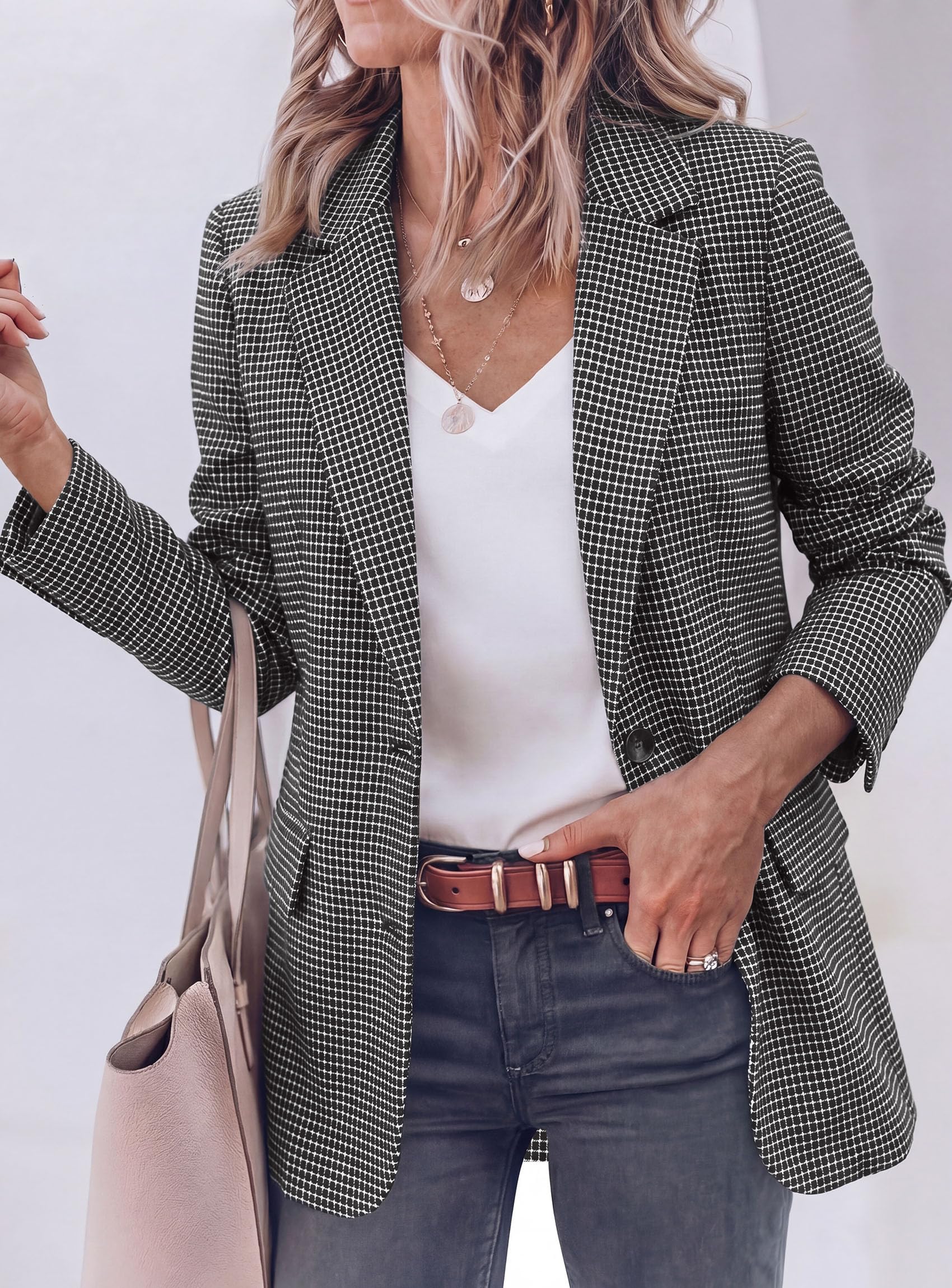 Fall Plaid Blazers for Women Business Casual Black S