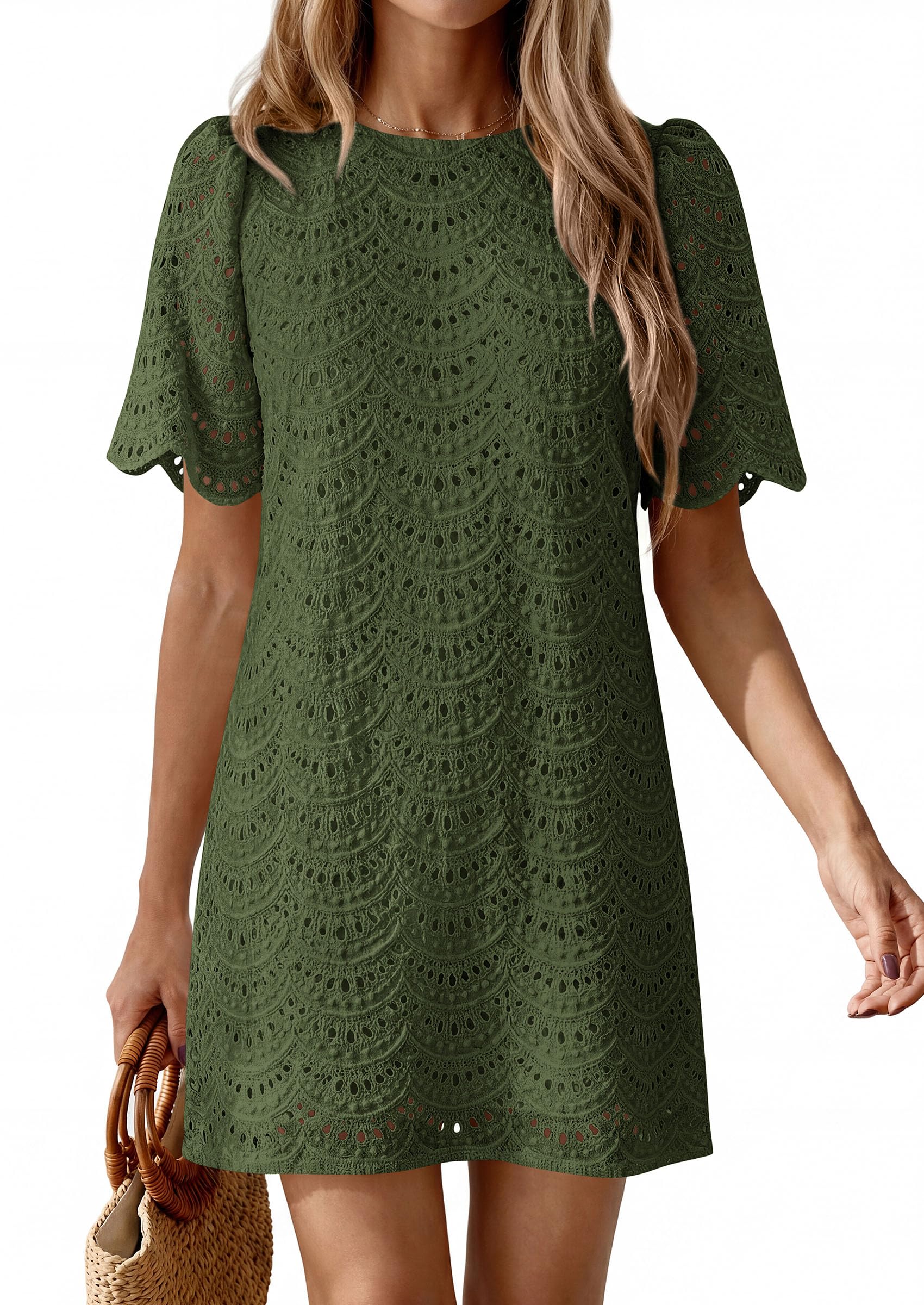 Women's Summer Eyelet Lace Short Dress (Army Green,S)
