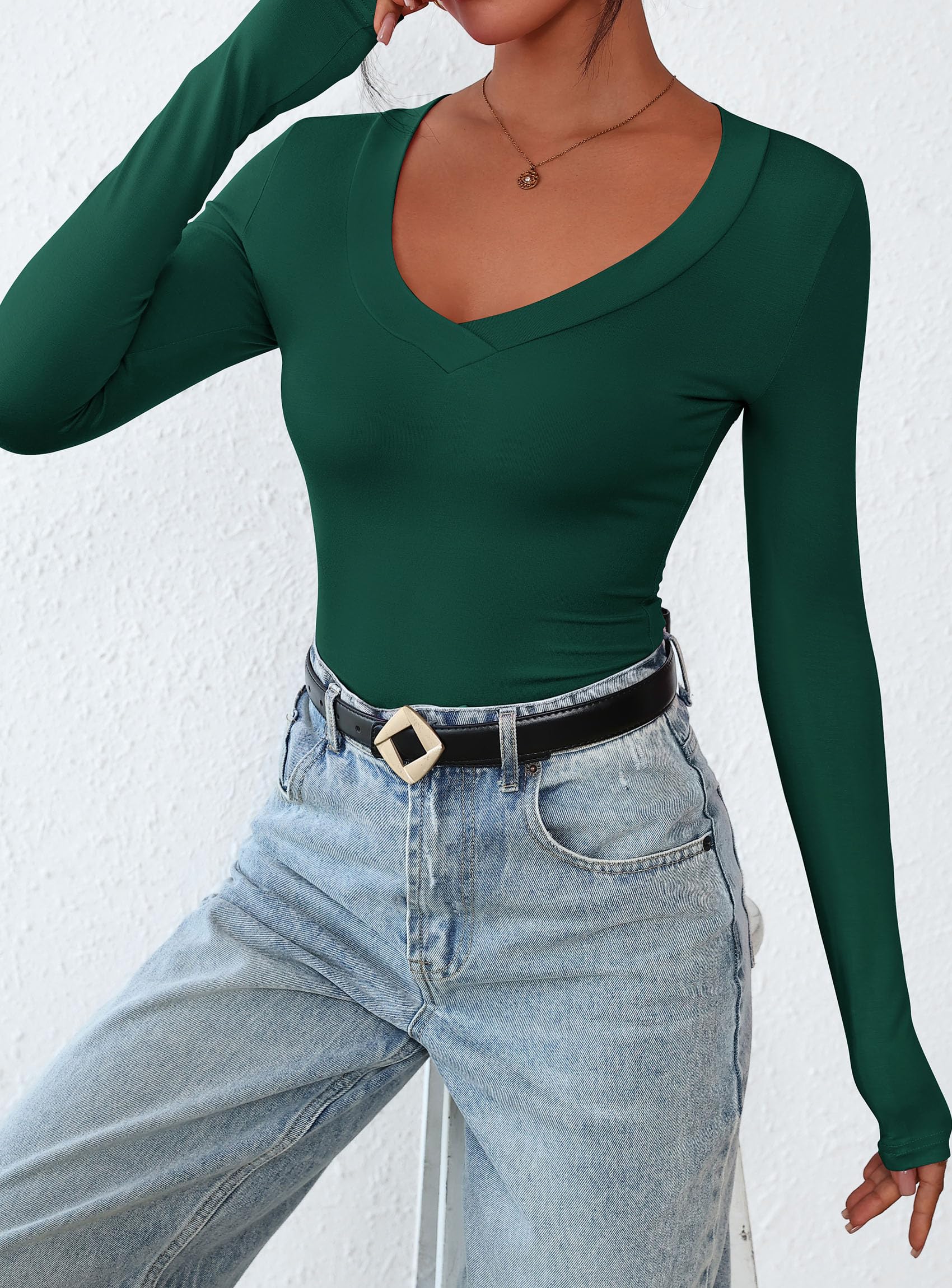 Women's V Neck Long Sleeve Shirts,Dark Green,X-S