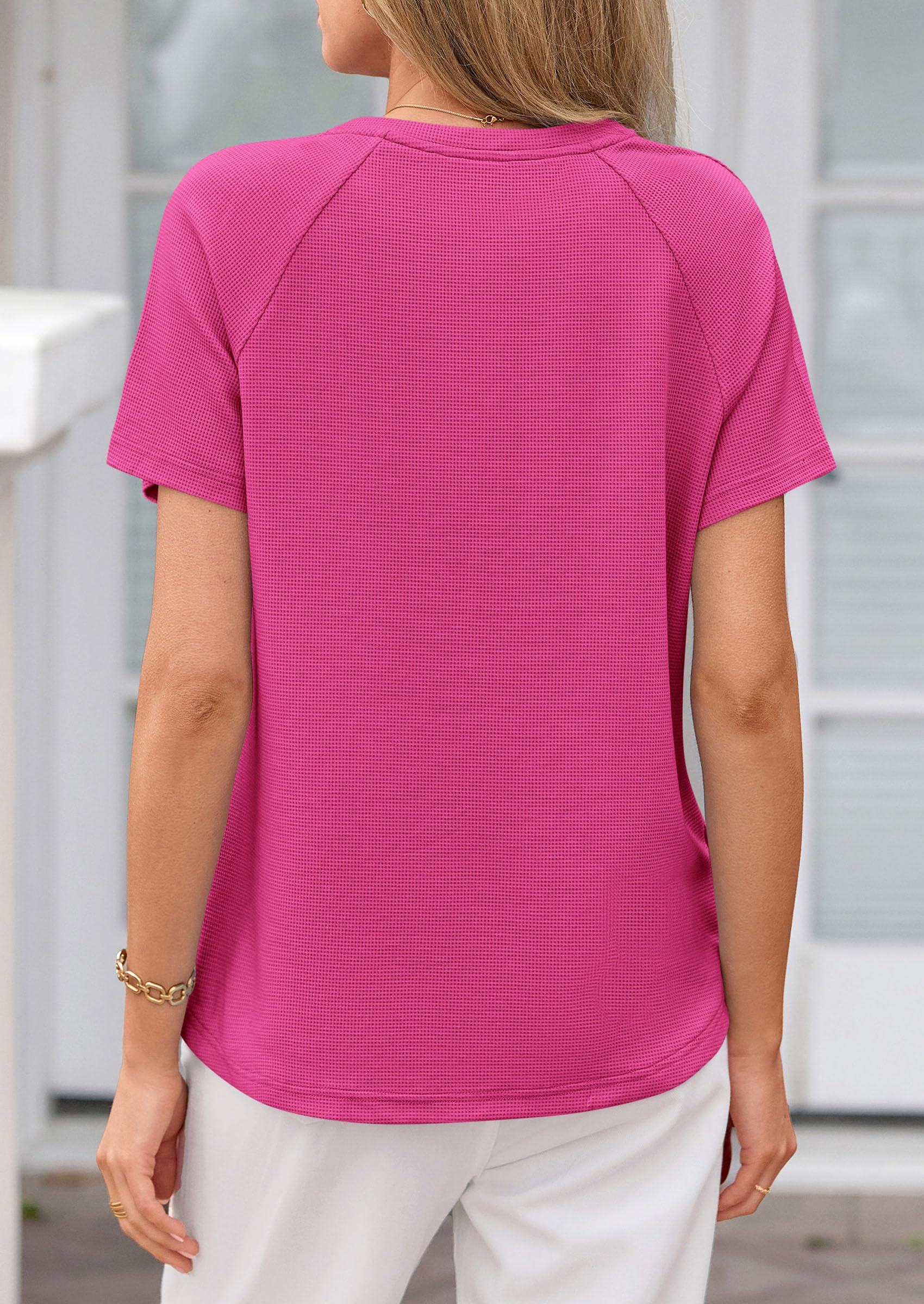 Women's Short Sleeve Waffle Knit Henley Shirts, Hot Pink,S