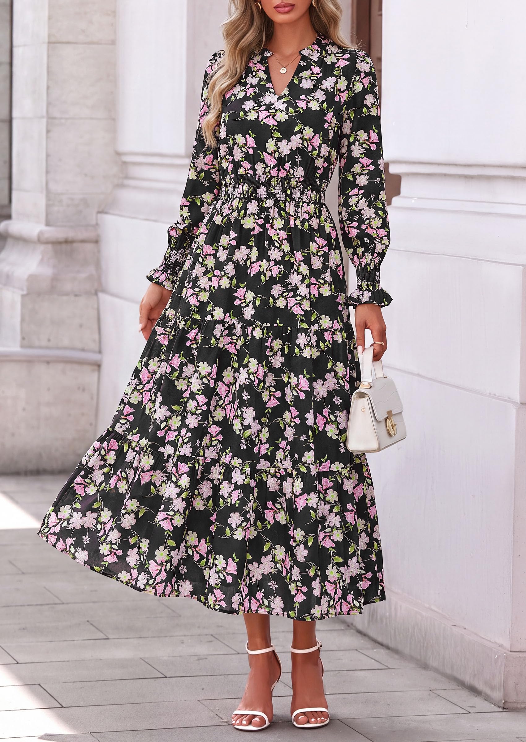 Women's Floral Maxi Dress Fall A Line Wedding Guest Dresses