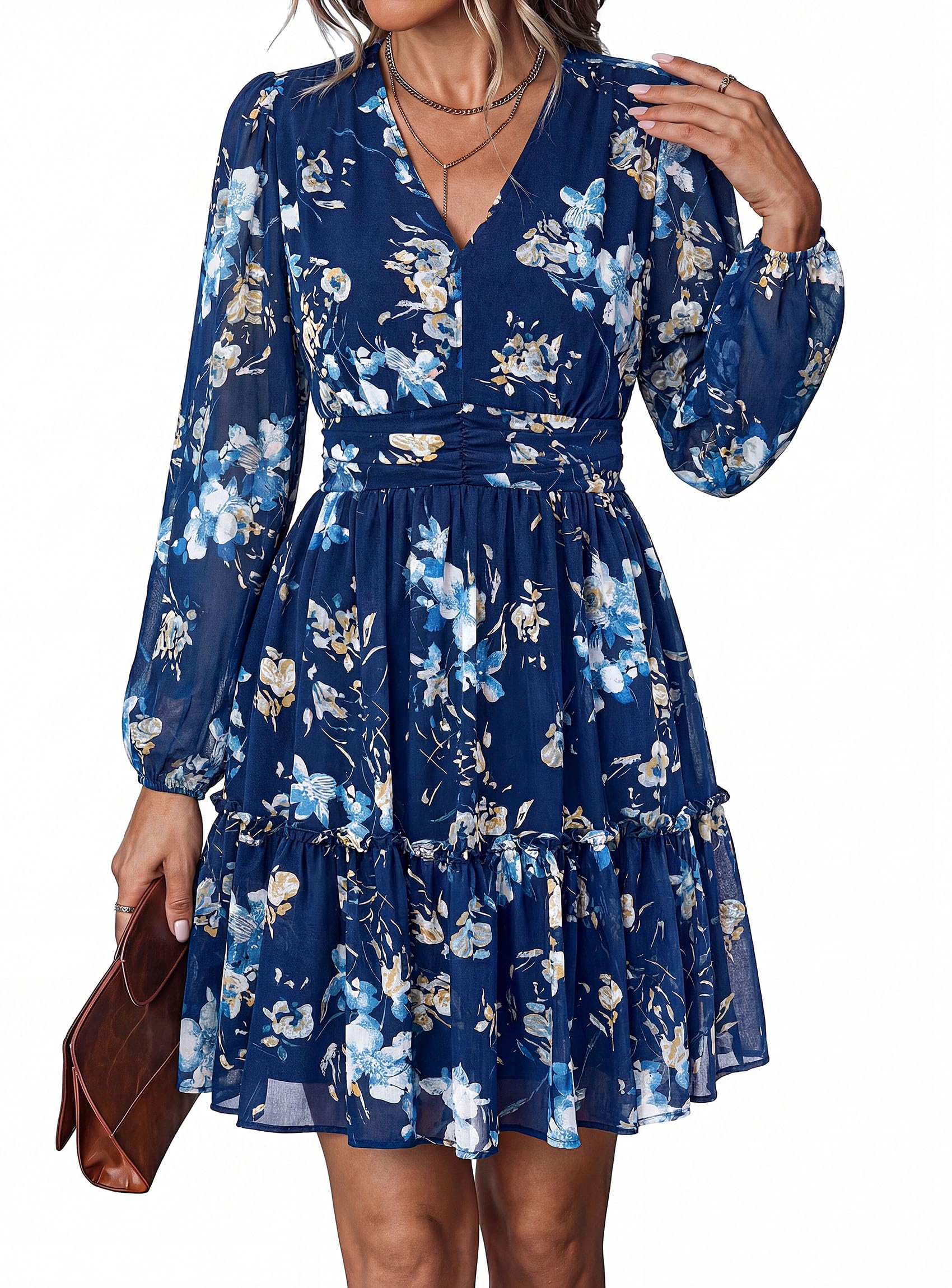 Women Floral Long Sleeve Mini Dress Fall Wedding Guest Dresses