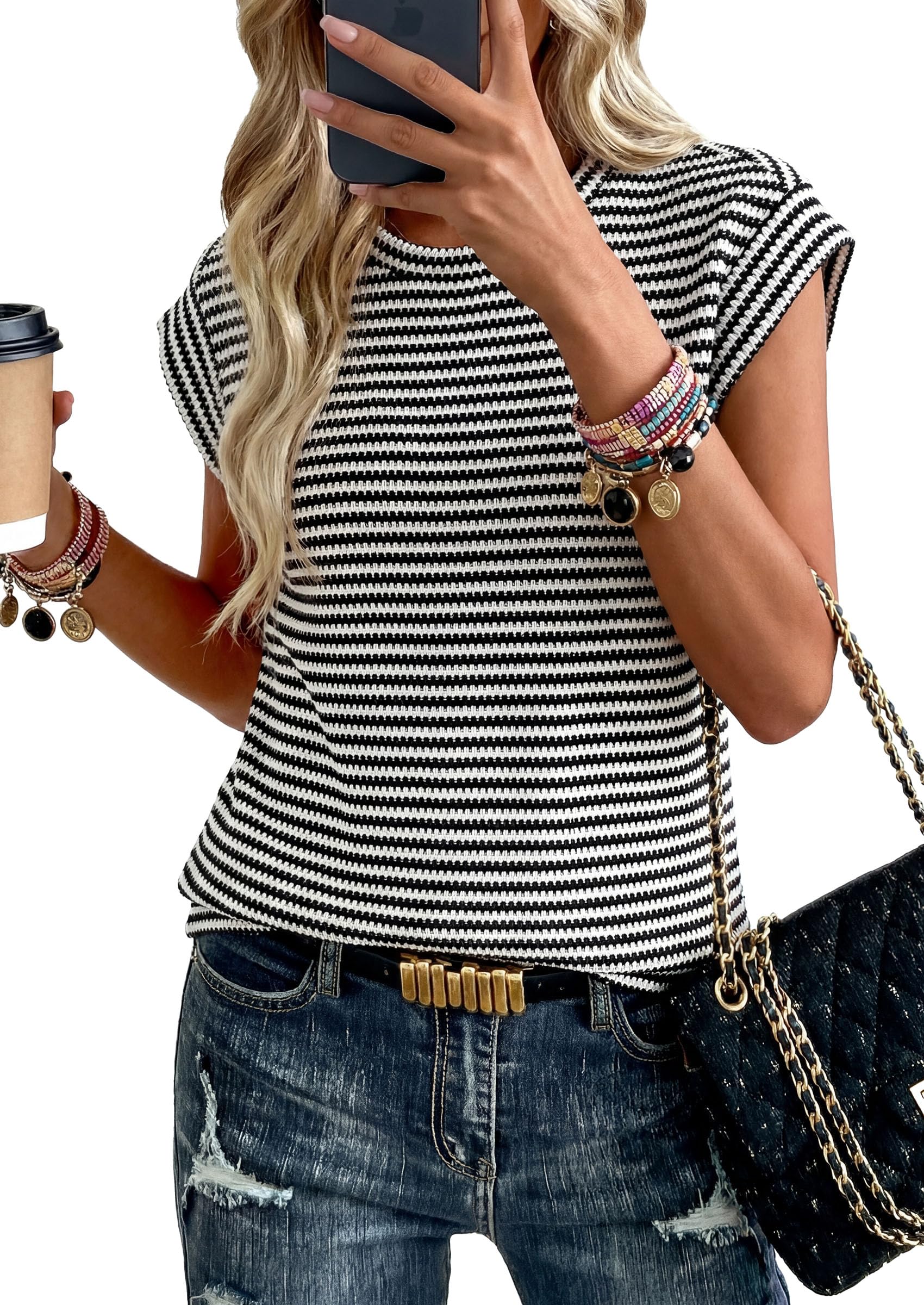 Women's Striped Knit Vest Tops, Striped Black White,S