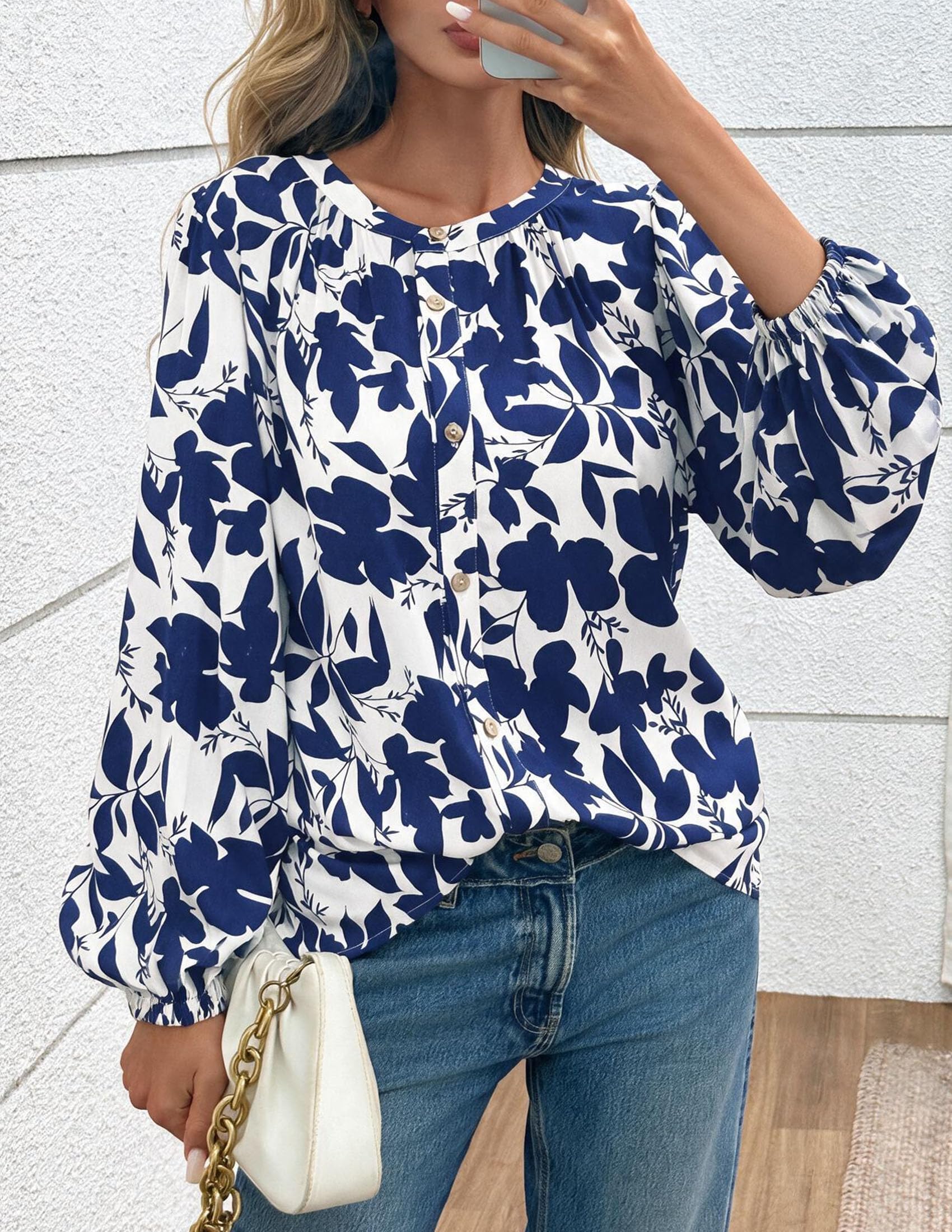 Women's Boho Tops Fall Long Sleeve Button Down Floral Blouses
