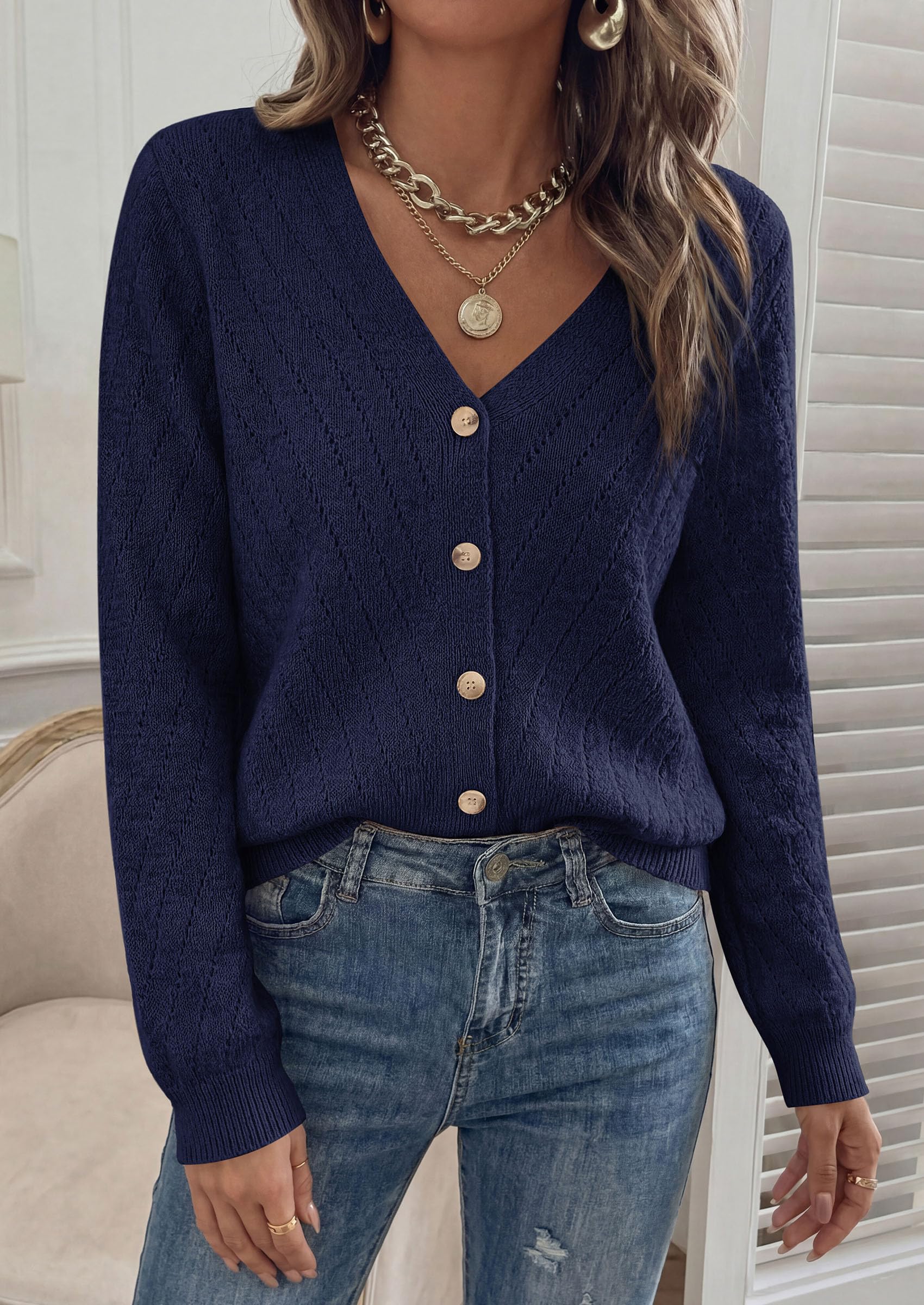 Women's Cozy Cardigan Sweater with Button (Navy Blue,S)