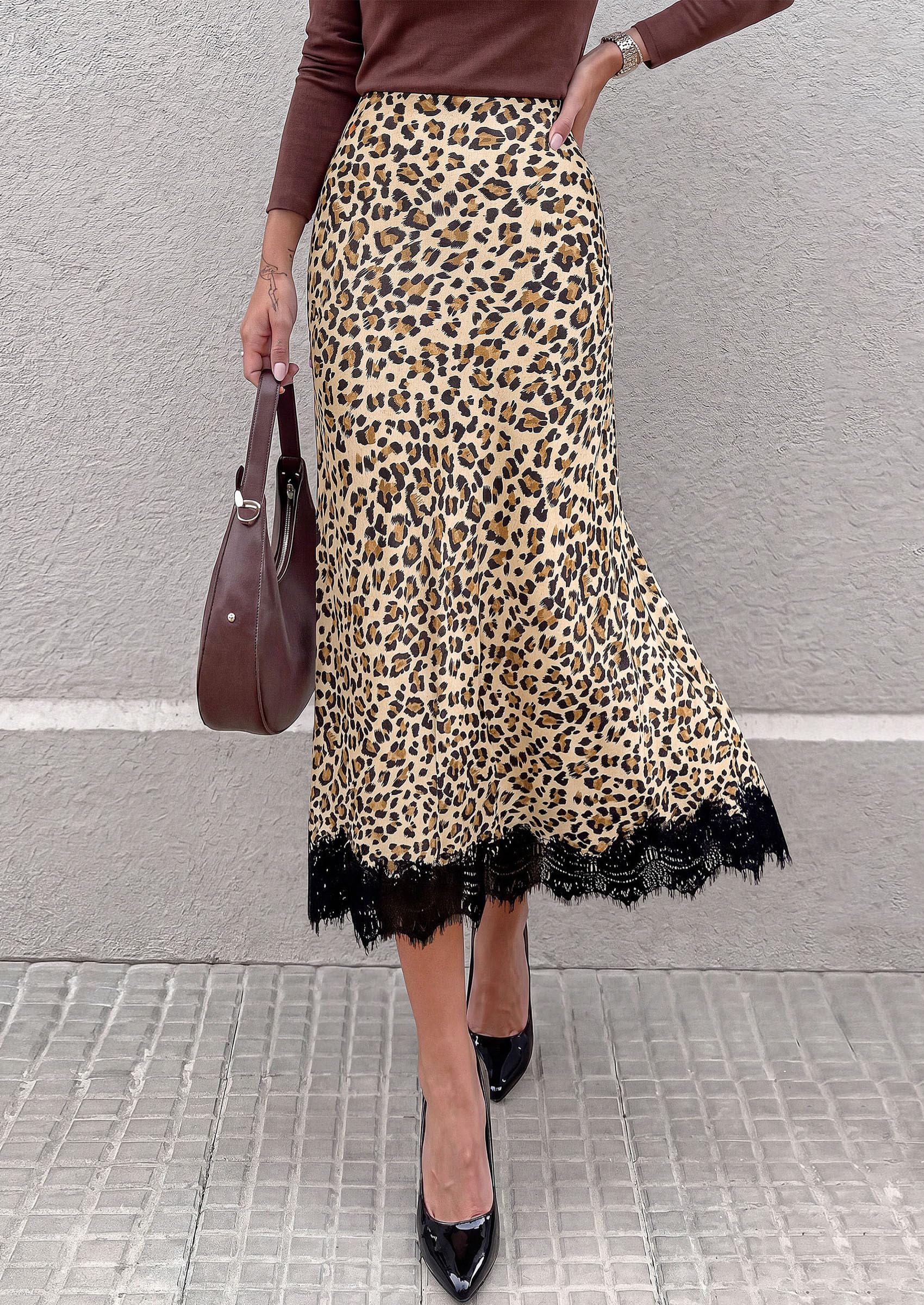 Women's Polka Dot Satin Skirt Fall Flowy Midi Leopard Skirts