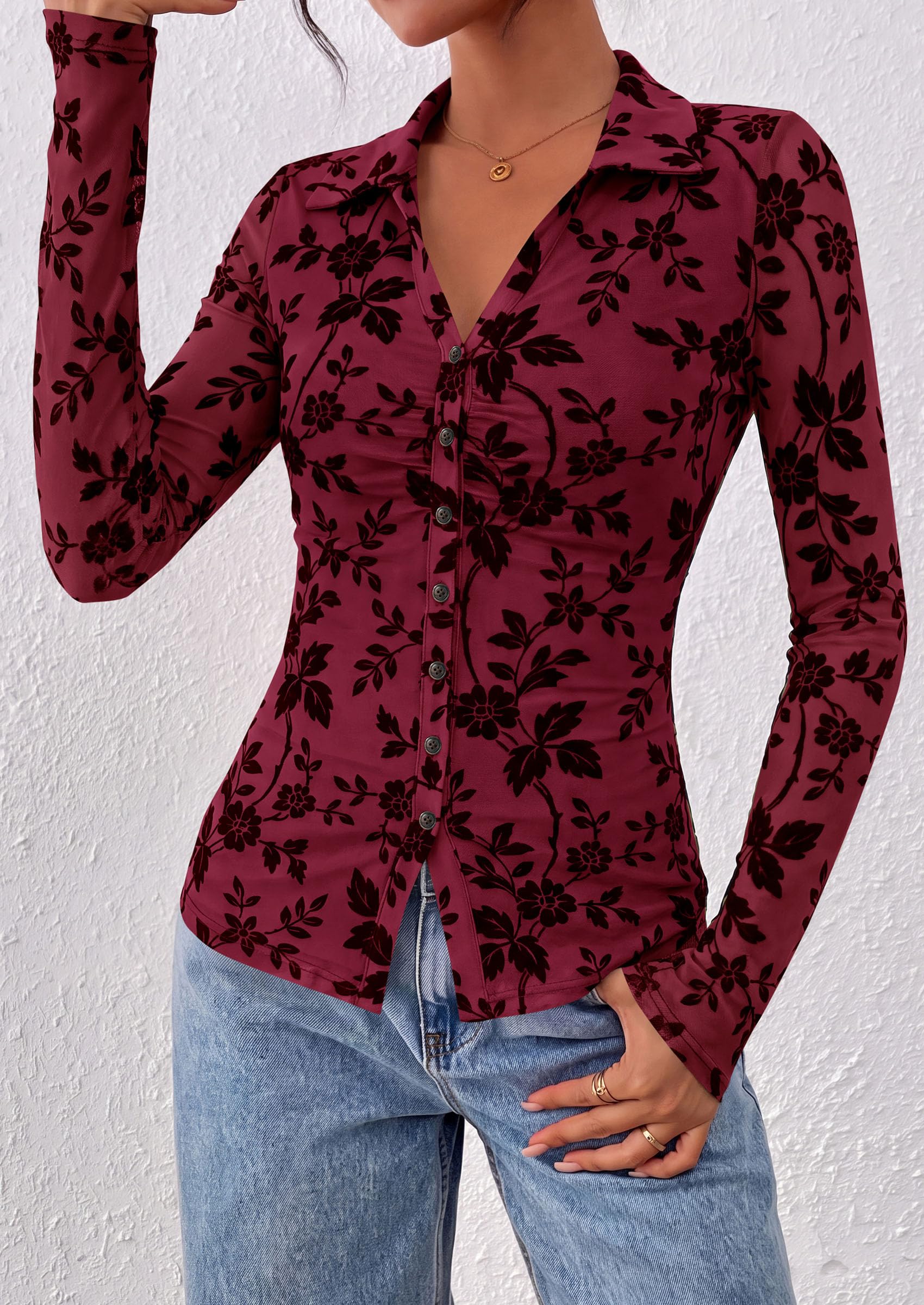 Women's Long Sleeve Floral Mesh Boho Tops Button Down Shirts