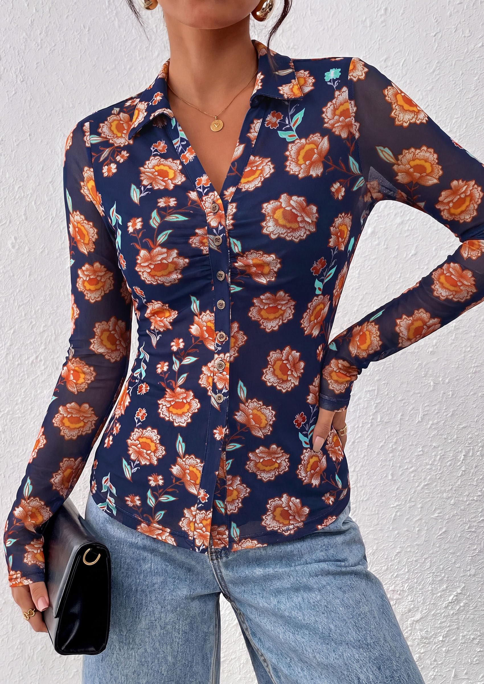 Women's Button Down Shirts Boho Mesh Floral Going Out Tops