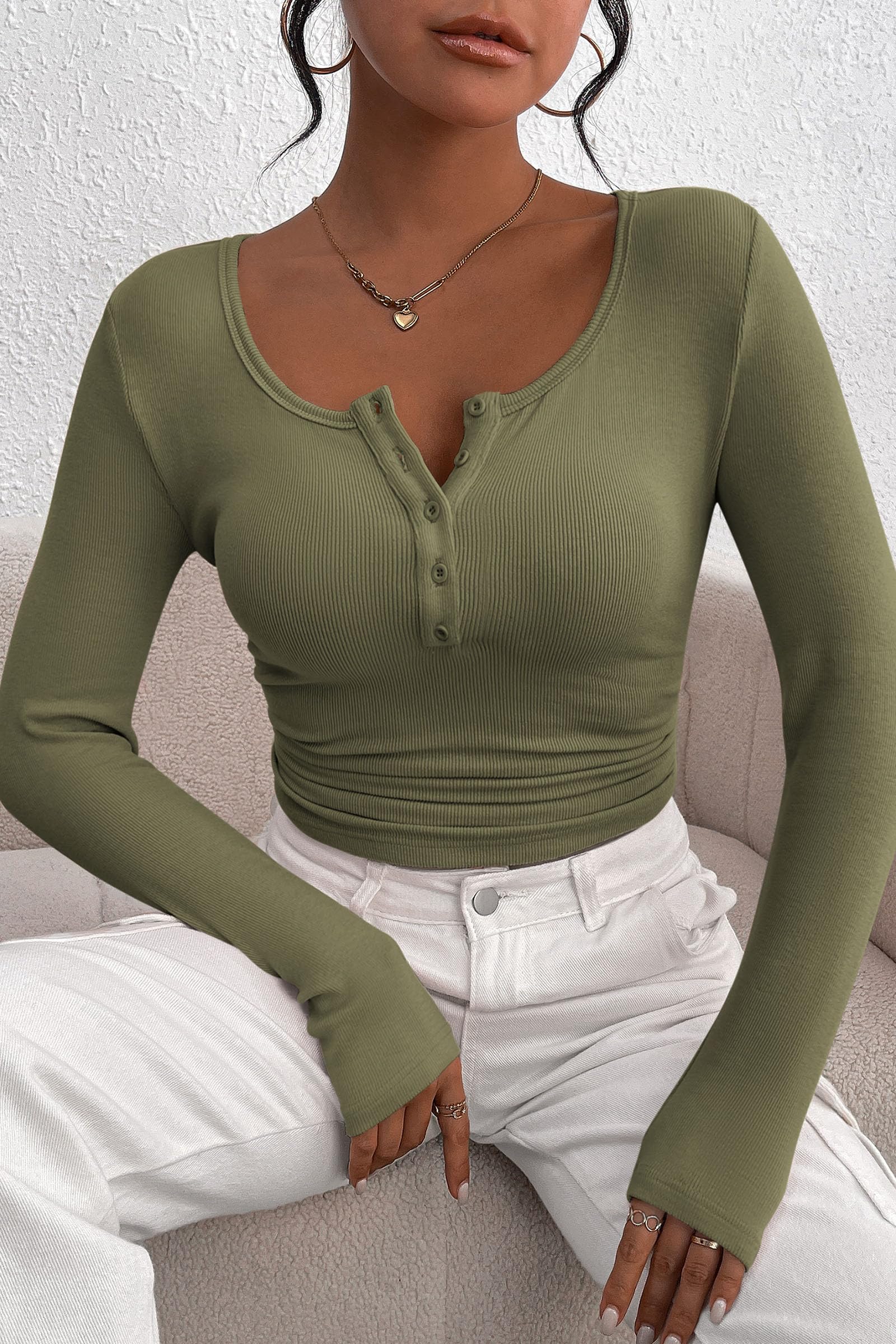 Women's Fall Long Sleeve Henley T Shirts Grey Green