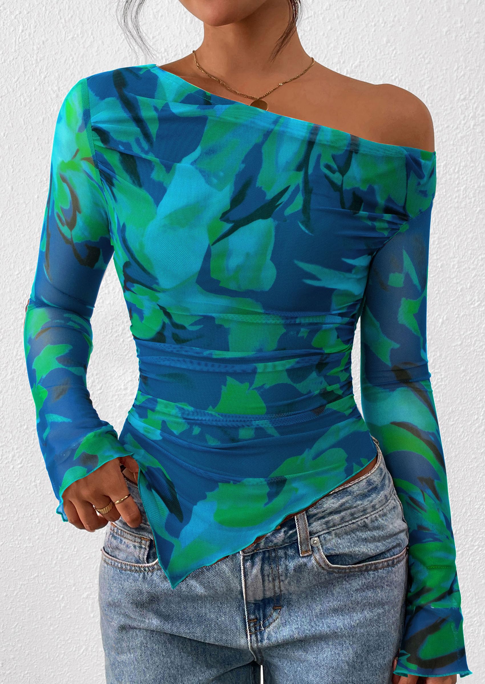 Womens Off Shoulder Mesh Y2k Tops,Floral Green,XS