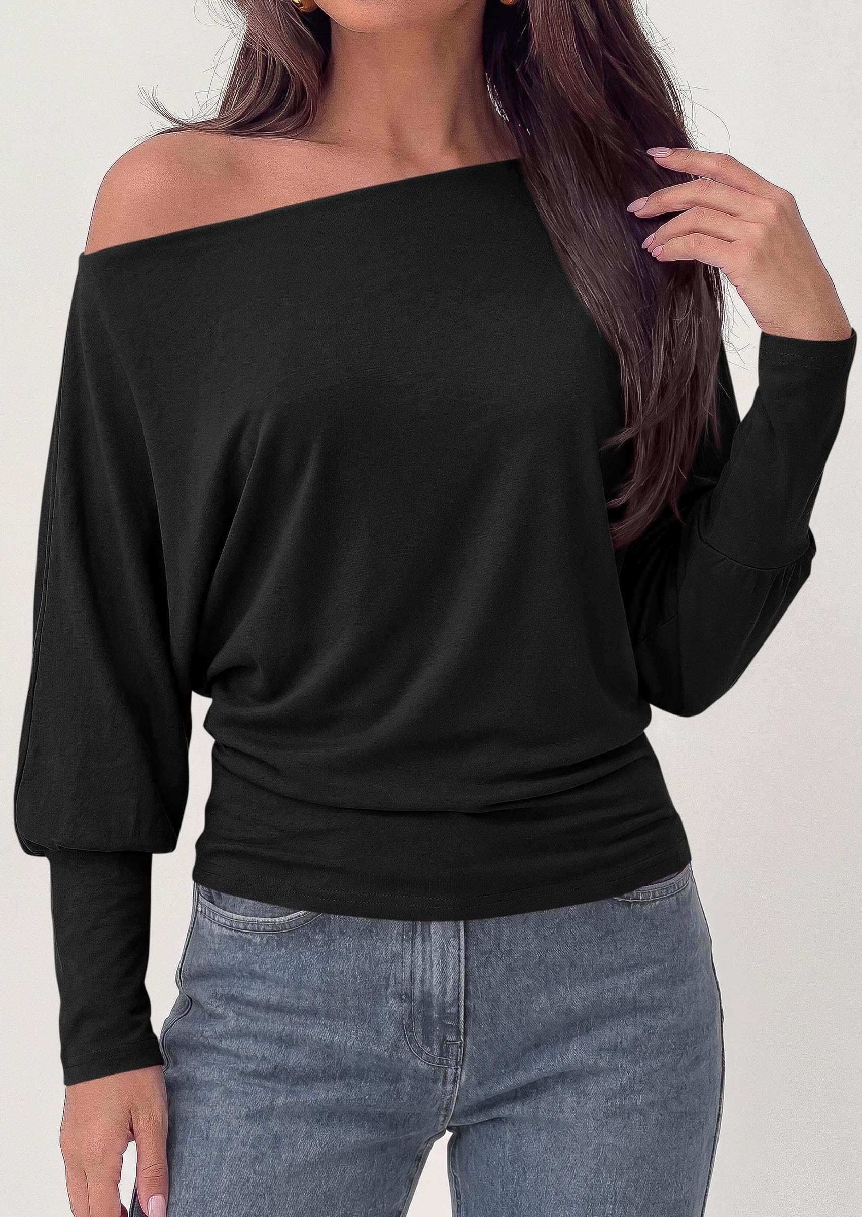 Womens Off The Shoulder Batwing Long Sleeve Top,Black,S