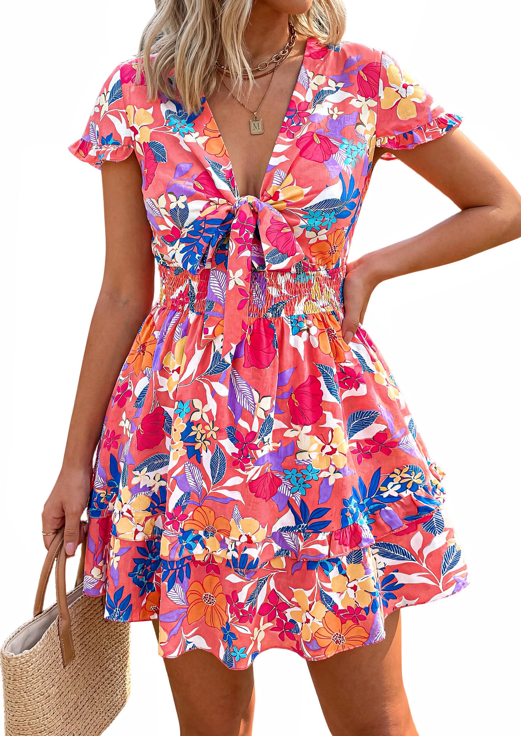 Women's Boho Floral Mini Tiered Dress, Floral Pink Orange,S