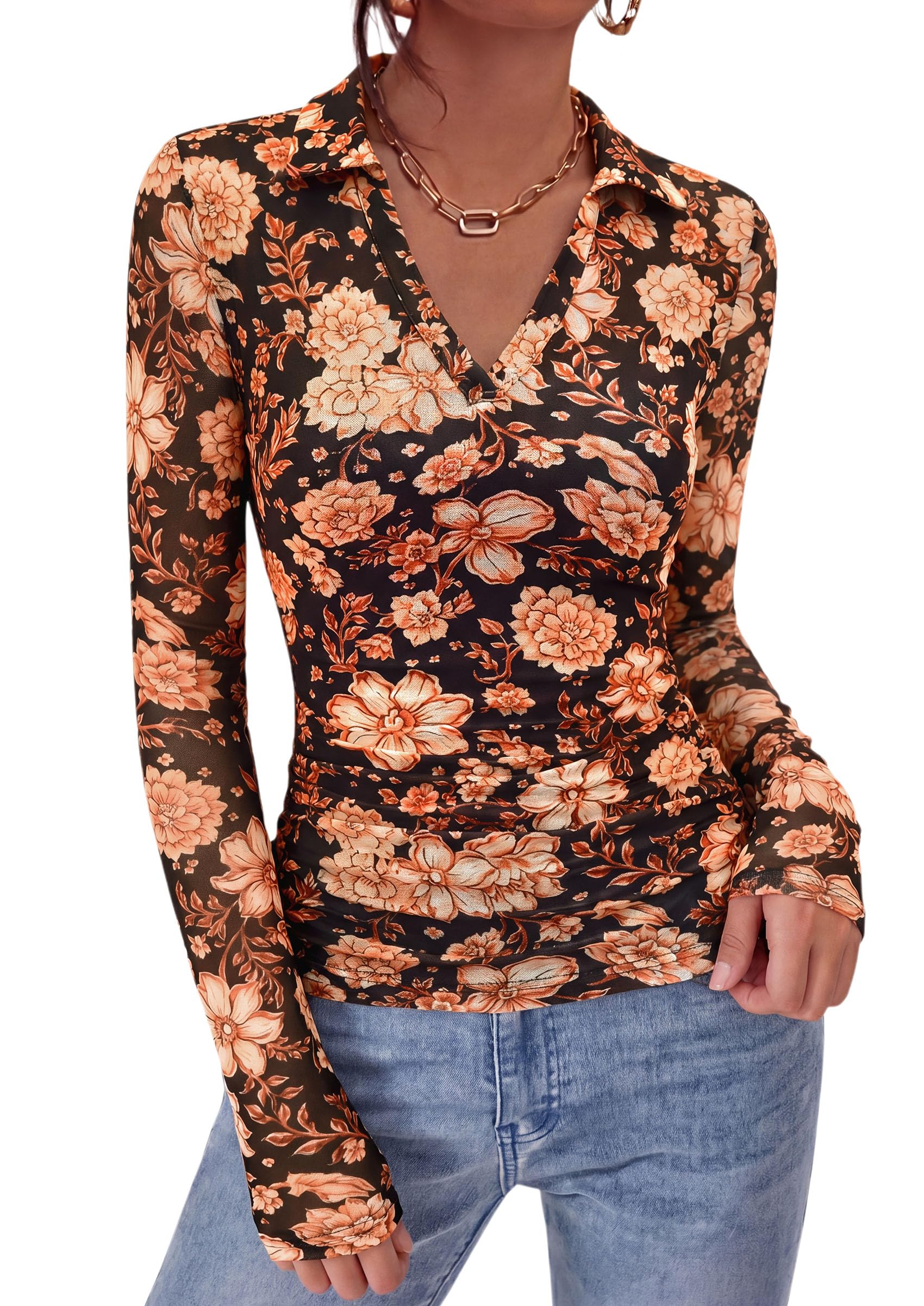 Women's Long Sleeve Boho Floral Mesh Tops Fall V Neck Blouses