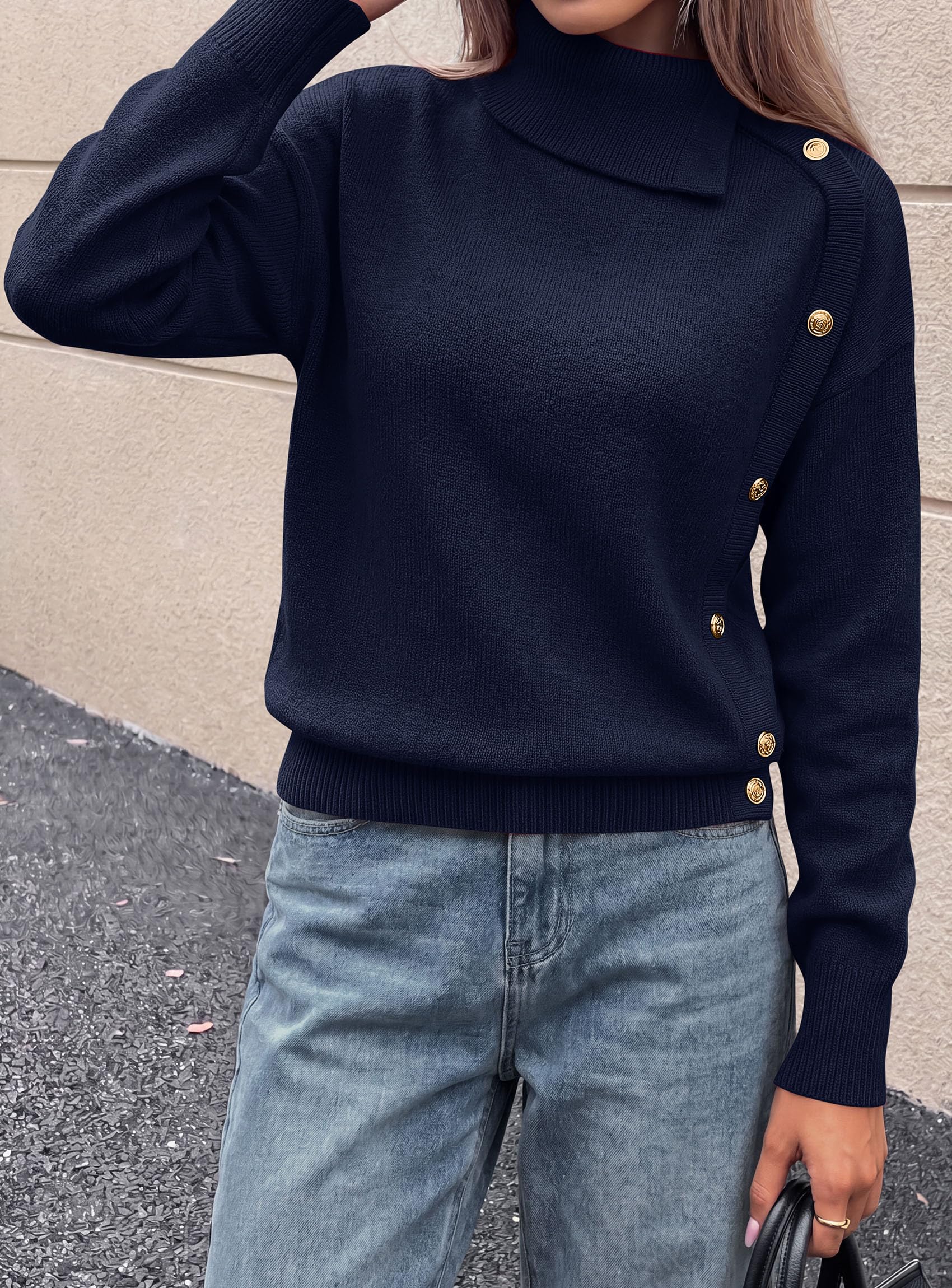 Womens Turtleneck Sweater Pullover Side Button Fall Clothes