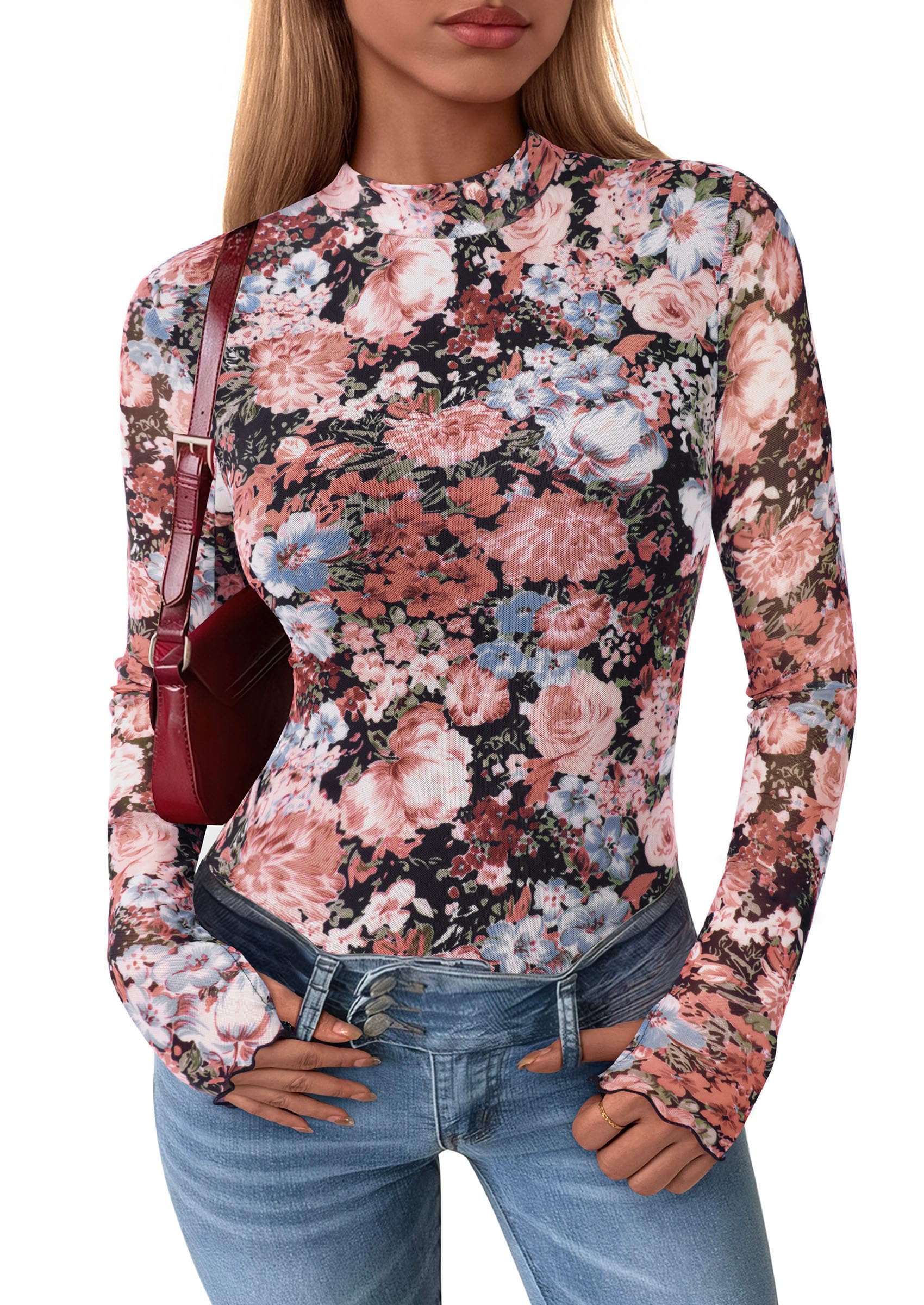 Womens Floral Mesh Long Sleeve Tops Fall Slim Fitted Shirts