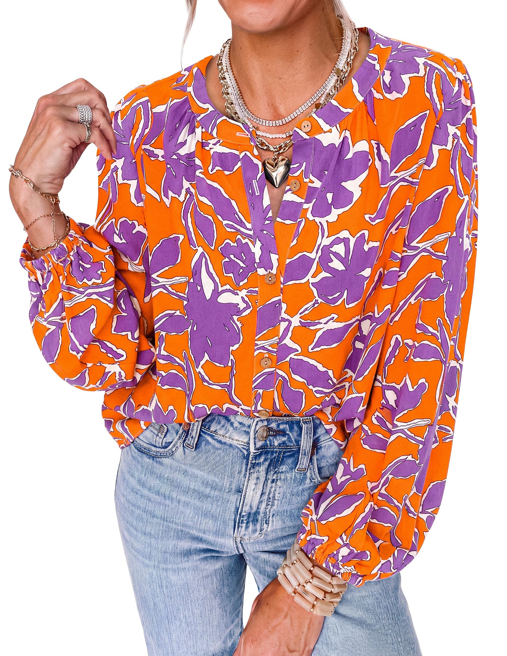 Women's Boho Tops Fall Long Sleeve Button Down Floral Blouses
