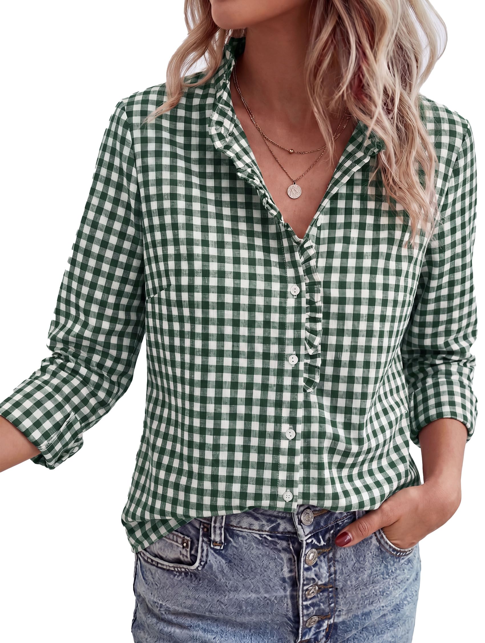 Womens Long Sleeve Button Down Shirts,Dark Green White,S