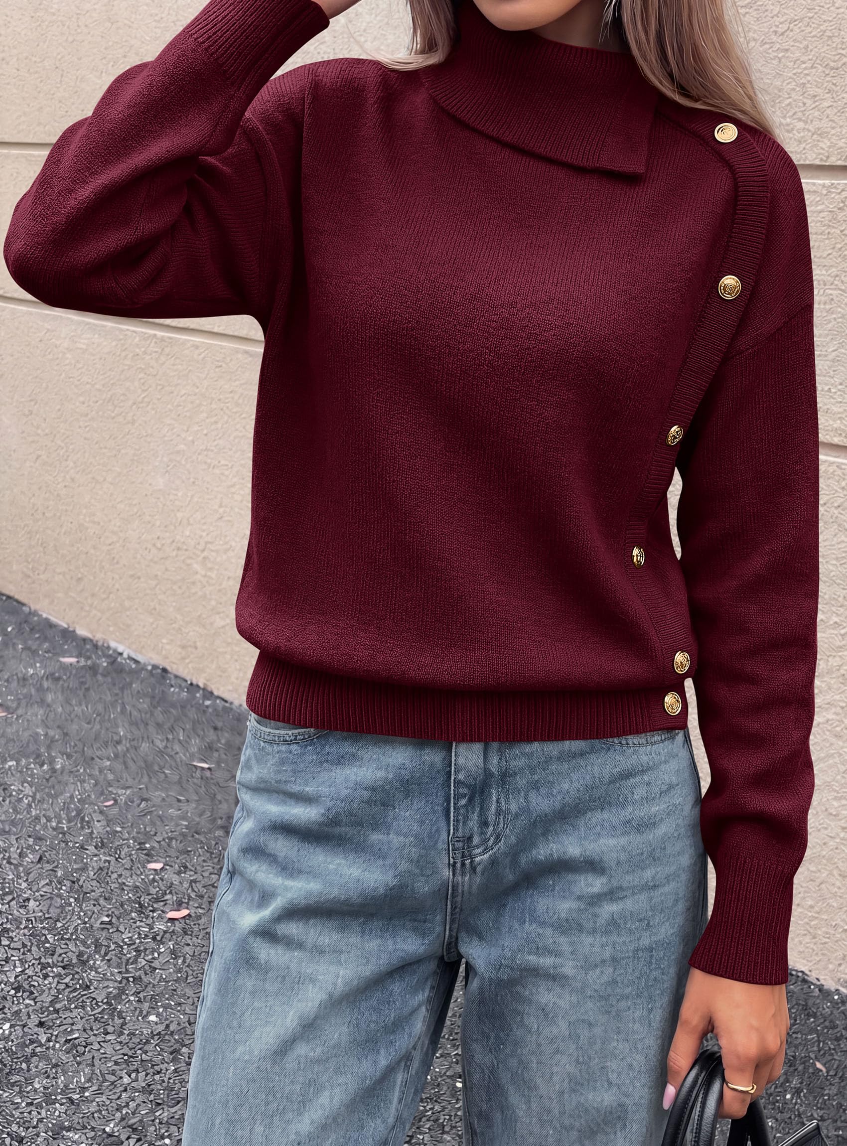 Womens Turtleneck Sweater Pullover Side Button Fall Clothes