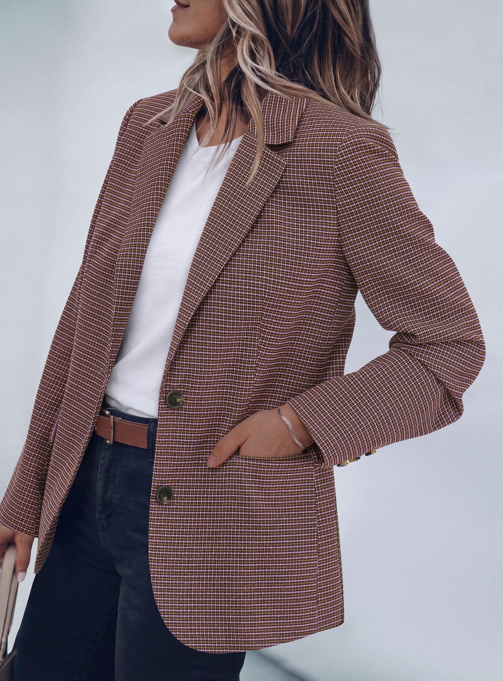 Fall Plaid Blazers for Women Business Casual Pink S