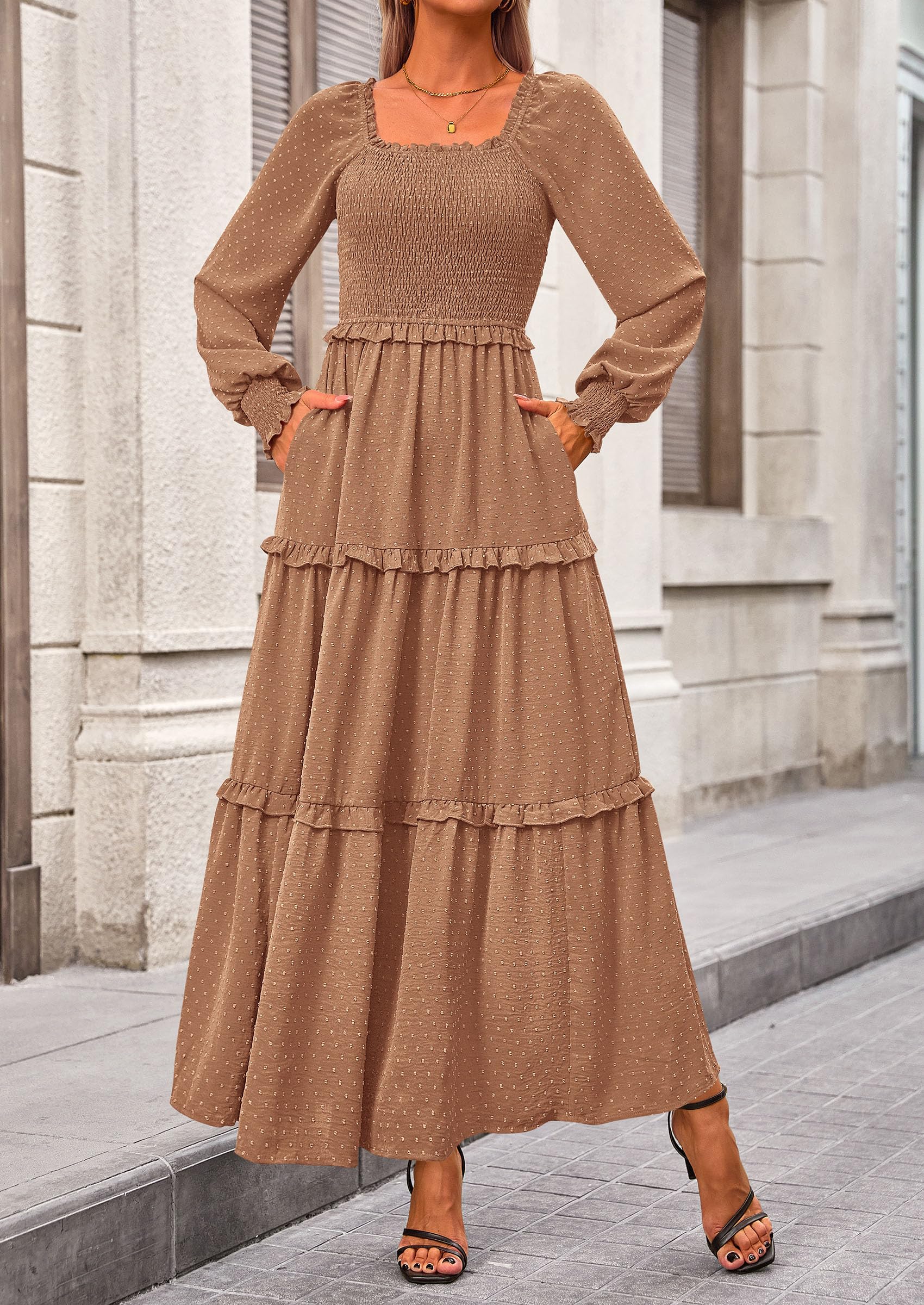 Women's Smocked Long Sleeve Maxi Dress Wedding Guest Dresses