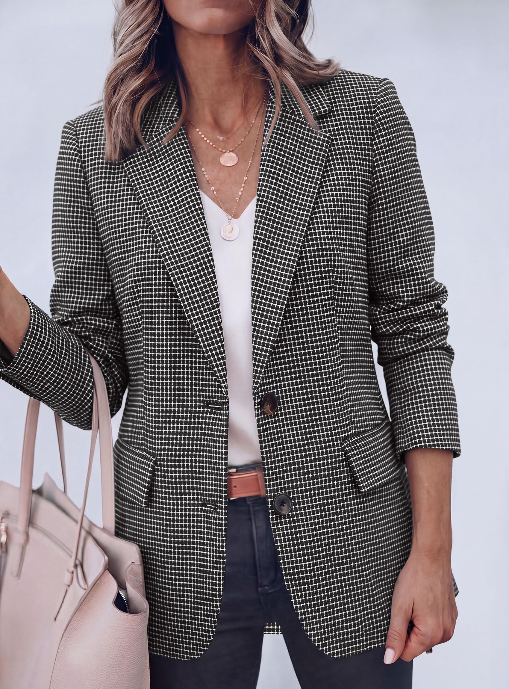 Fall Plaid Blazers for Women Business Casual Black S
