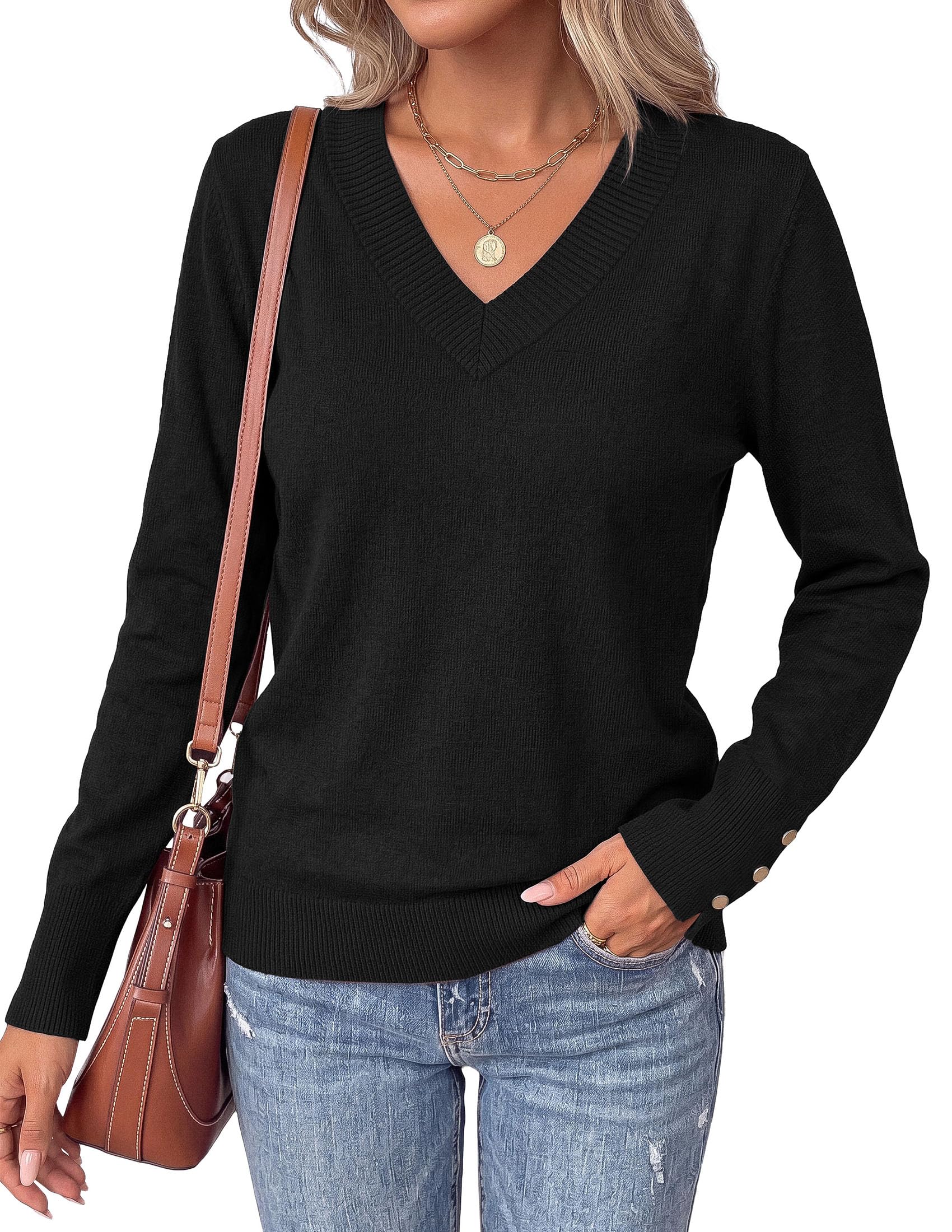 Fall Sweaters for Women V Neck Lightweight Pullover Top Black