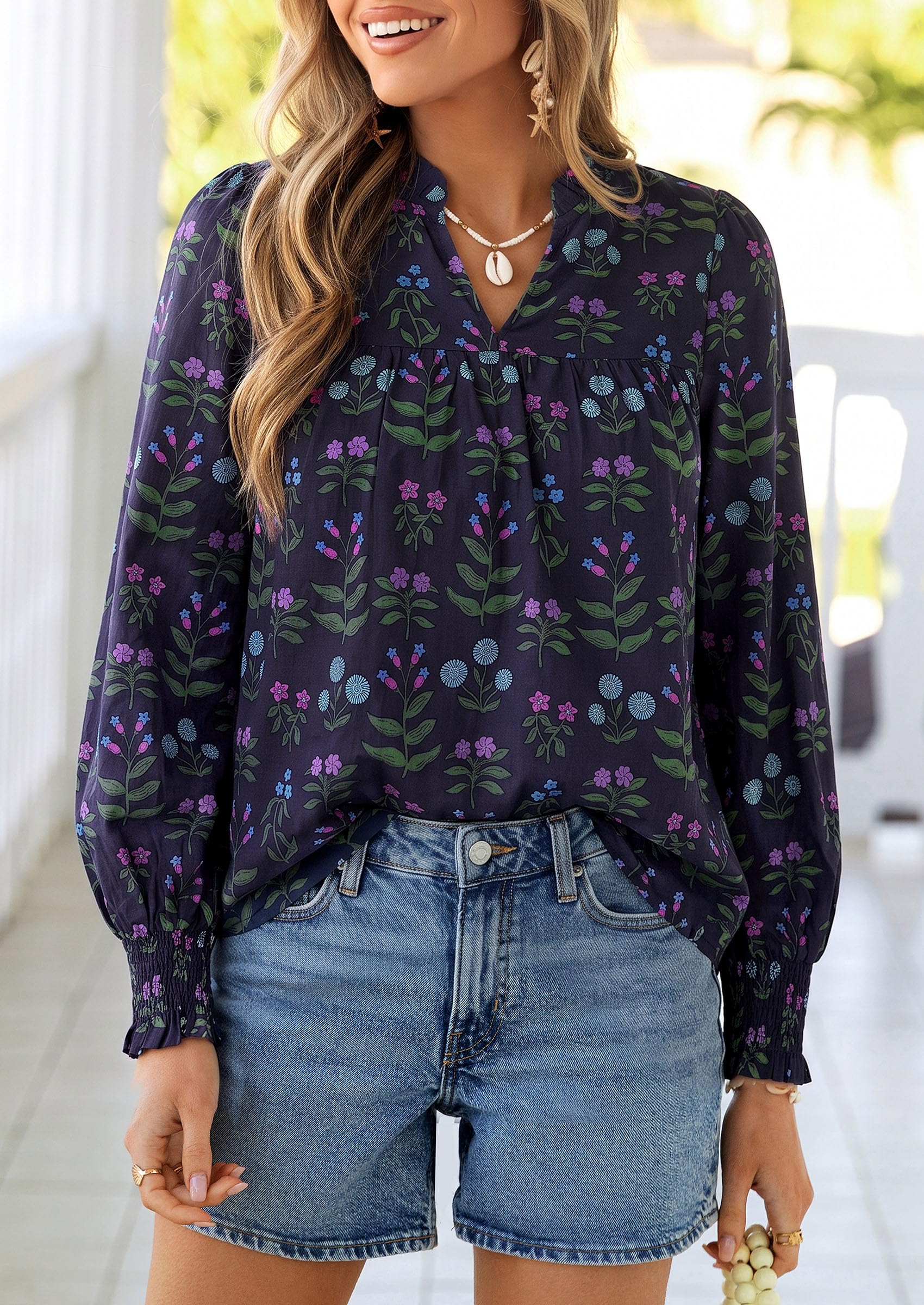 Women's Boho Floral Blouses Dressy Casual Navy Blue,XL