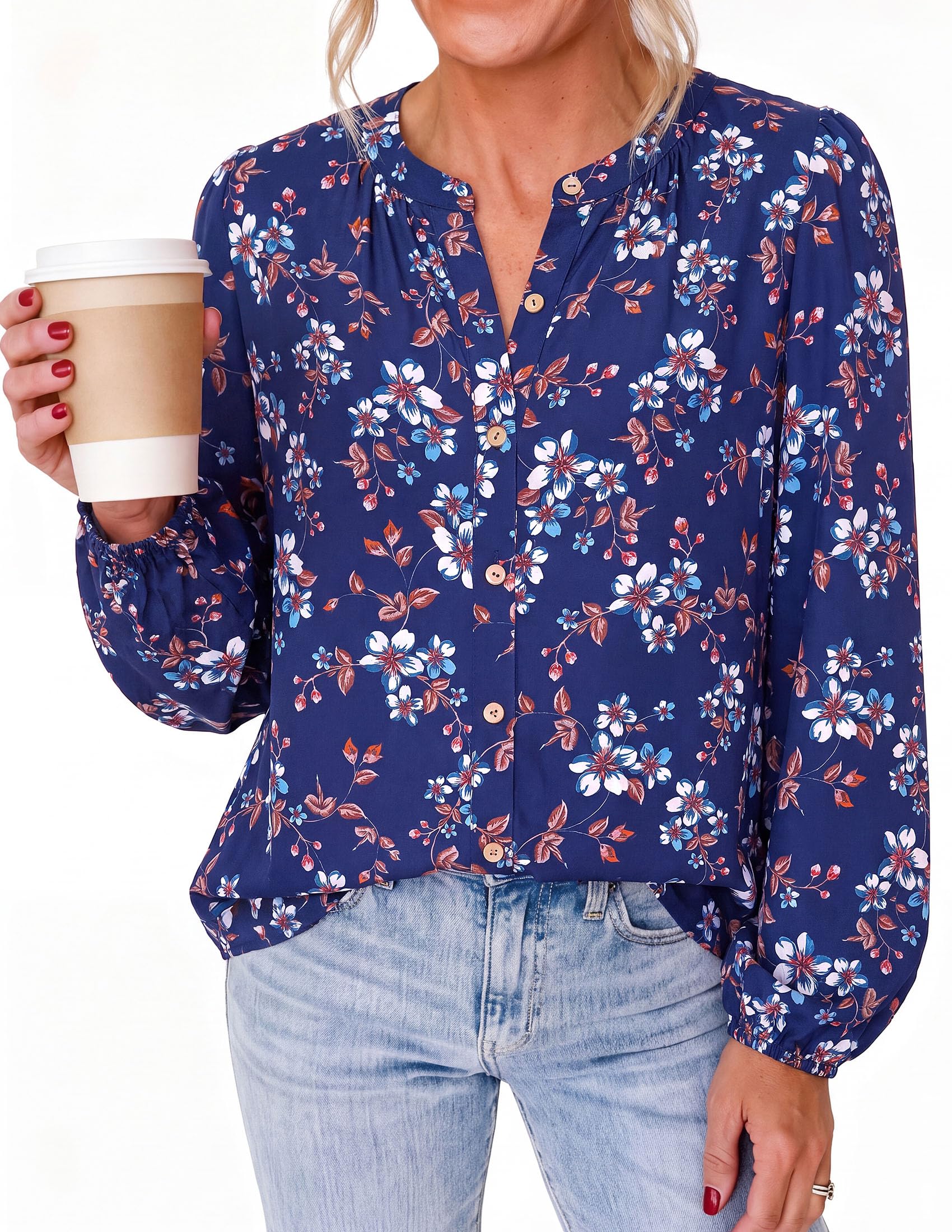 Women's Boho Tops Fall Long Sleeve Button Down Floral Blouses