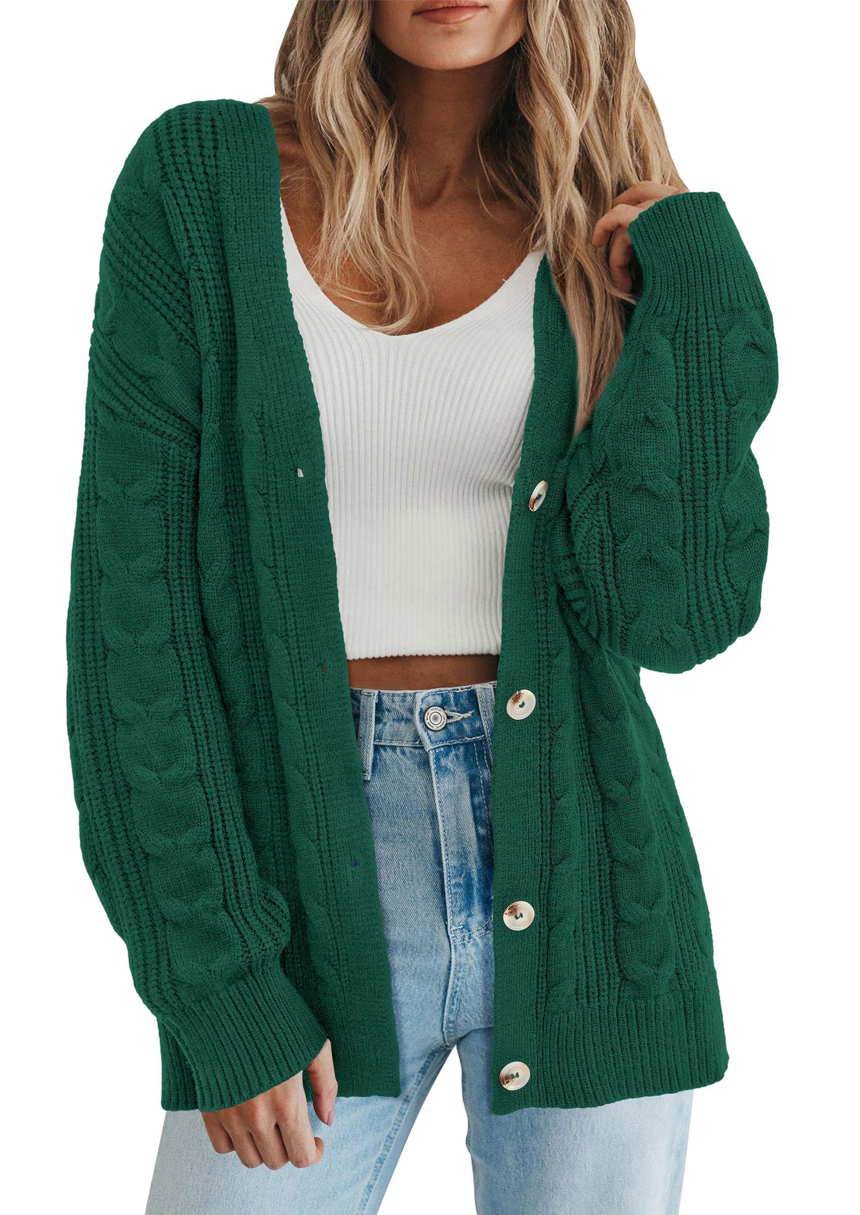 Womens Chunky Cardigan Sweaters 2025 Fall Oversized Cable Knit Long Sleeve Open Front Cardigans Winter Clothing (Dark Green,Large)