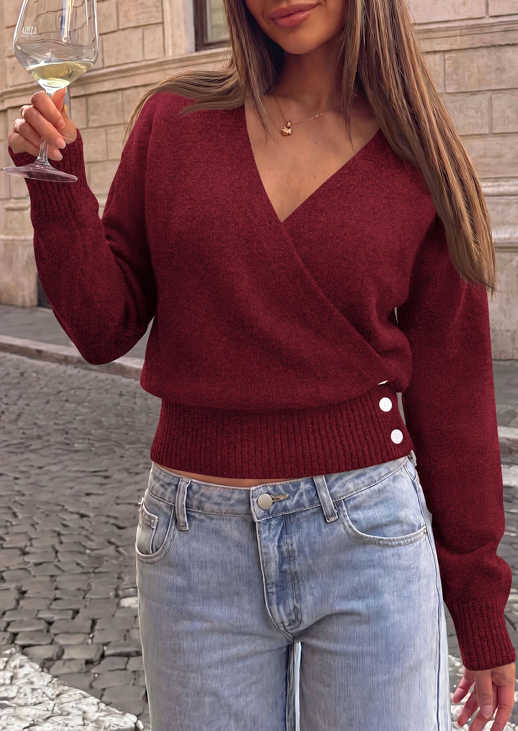 Women V Neck Wrap Sweater Cropped Tops (Wine Red,S)
