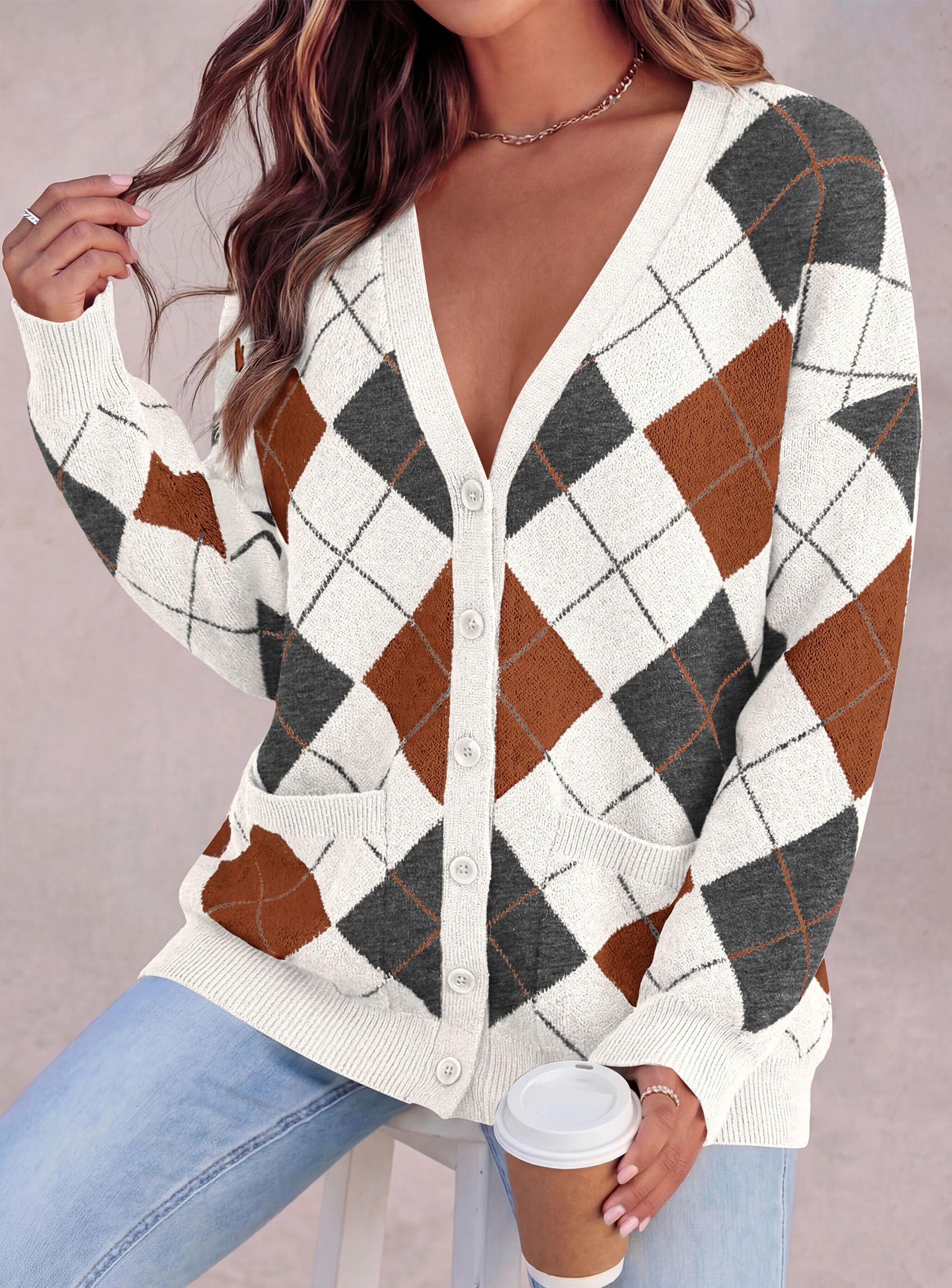 Women's Cardigan Argyle Winter Sweaters (Plaid White,S)