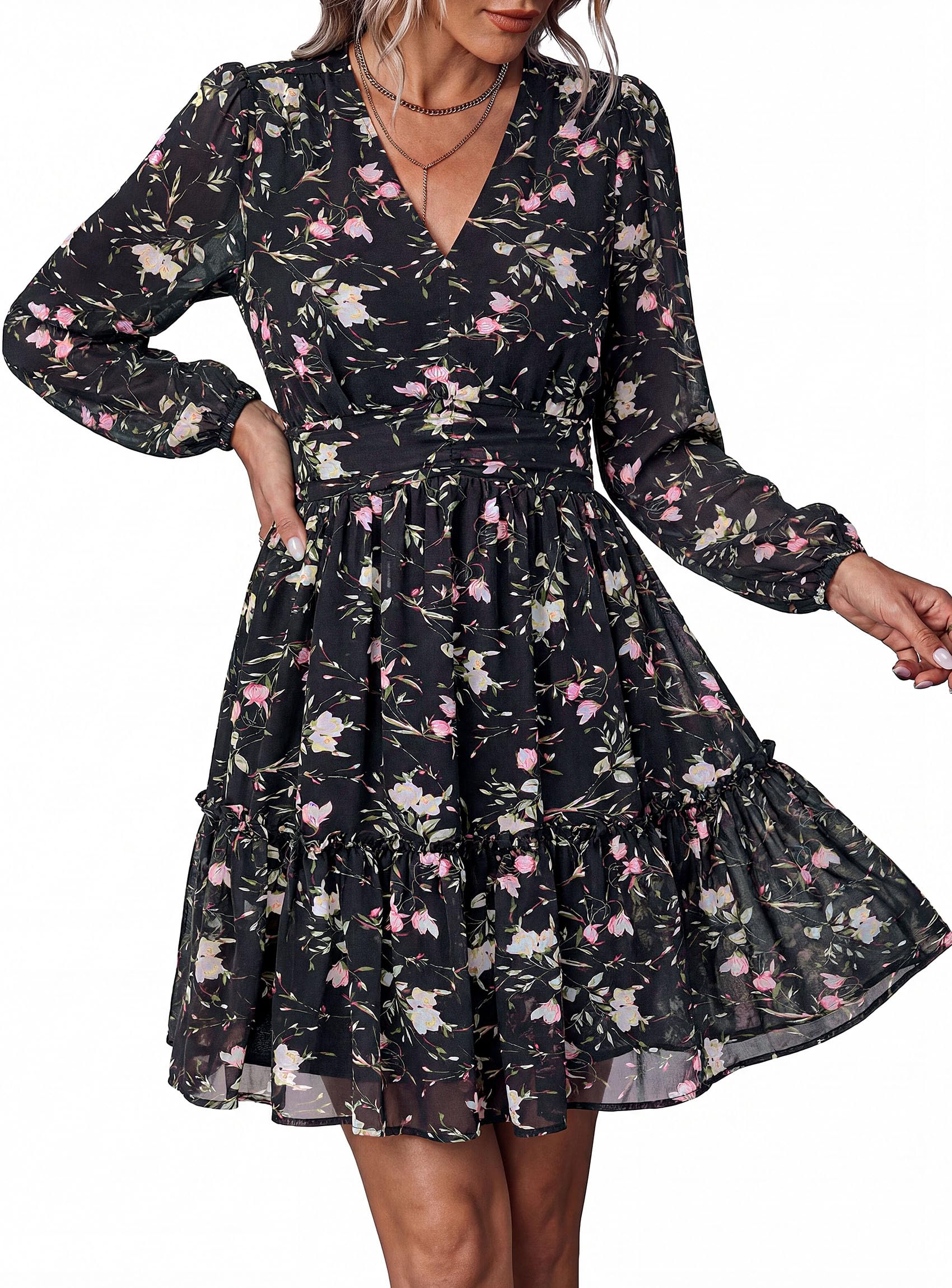 Women Floral Long Sleeve Mini Dress Fall Wedding Guest Dresses