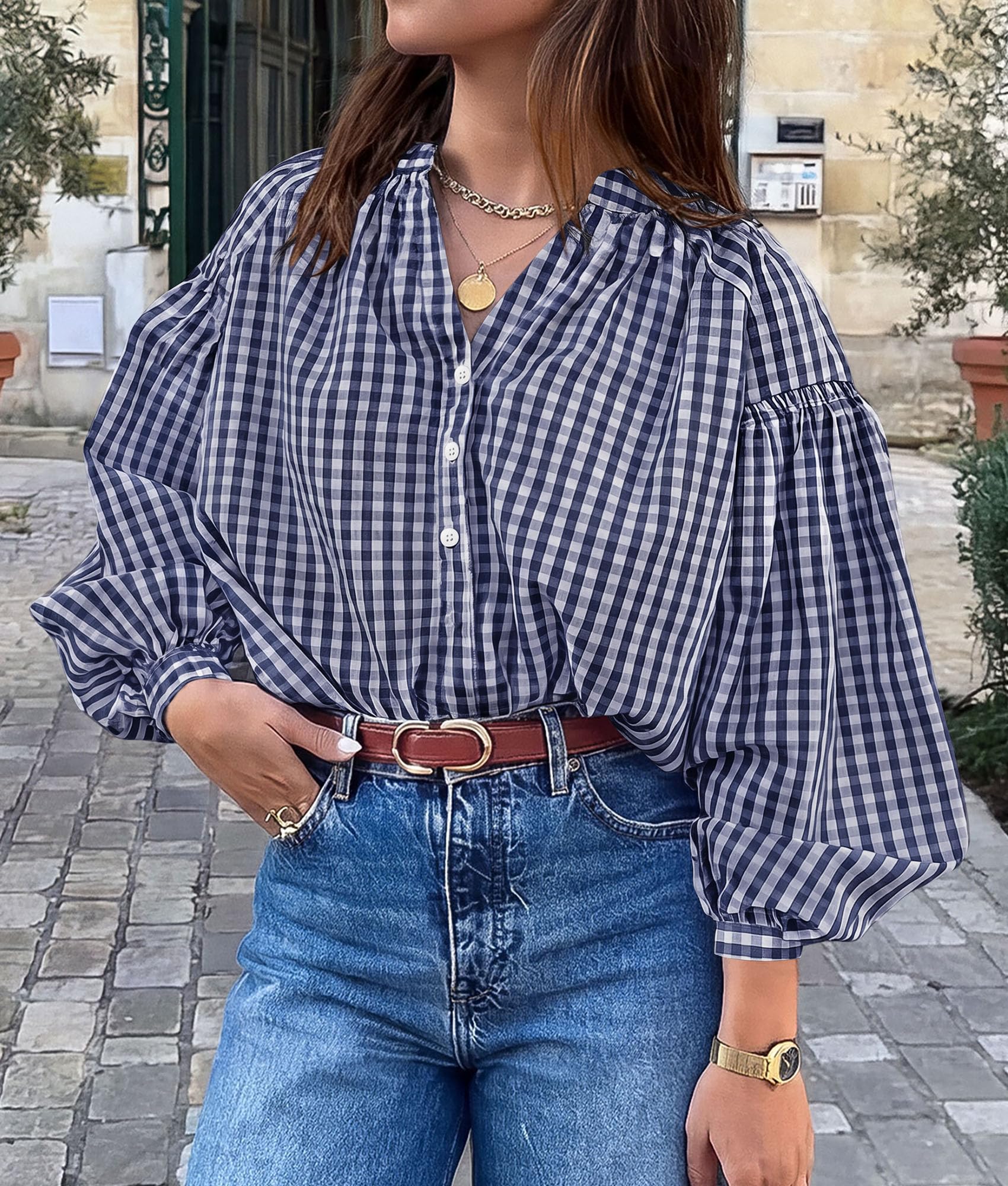 Women Fall Plaid Long Puff Sleeve Shirts V Neck Casual Blouses