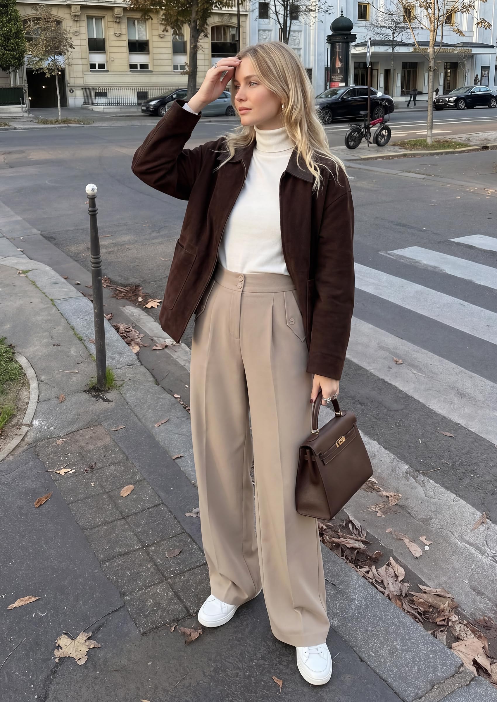 Women's Wide Leg Work Dress Pants Trousers, Beige,S