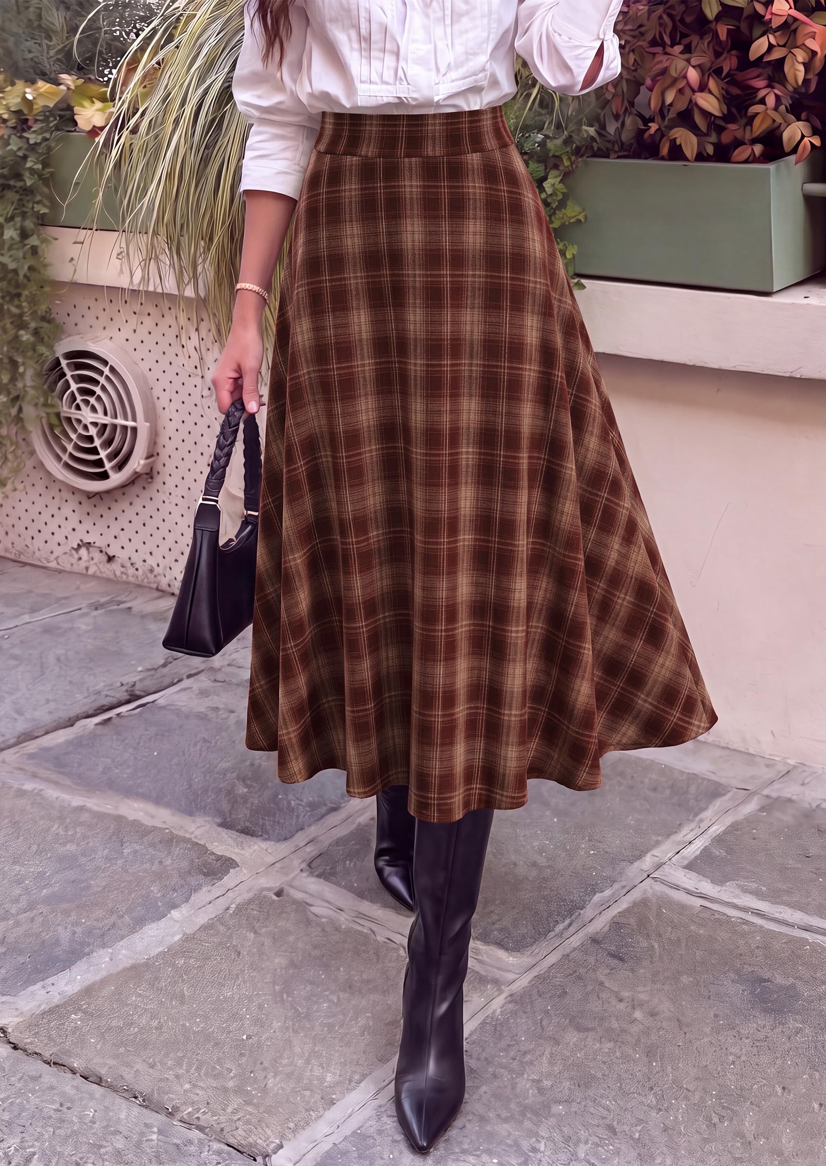 Women's Plaid High Waisted A-Line Midi Skirts,Brown Red,S