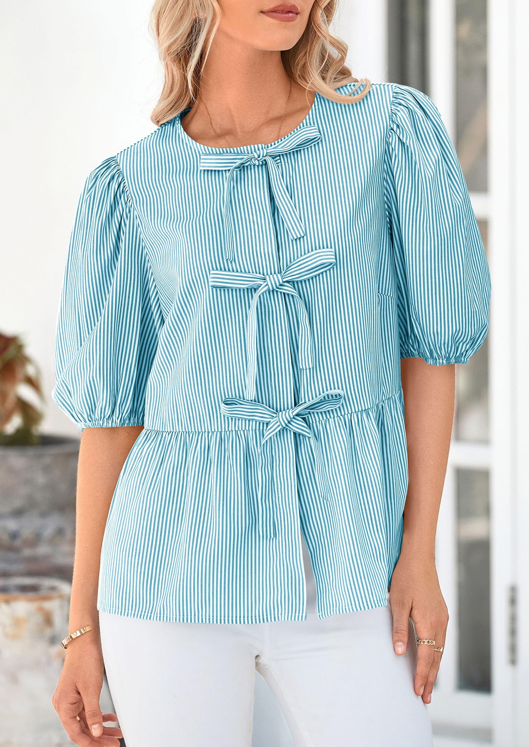 Women Striped Tie Front Babydoll Peplum Tops, Blue Green,S