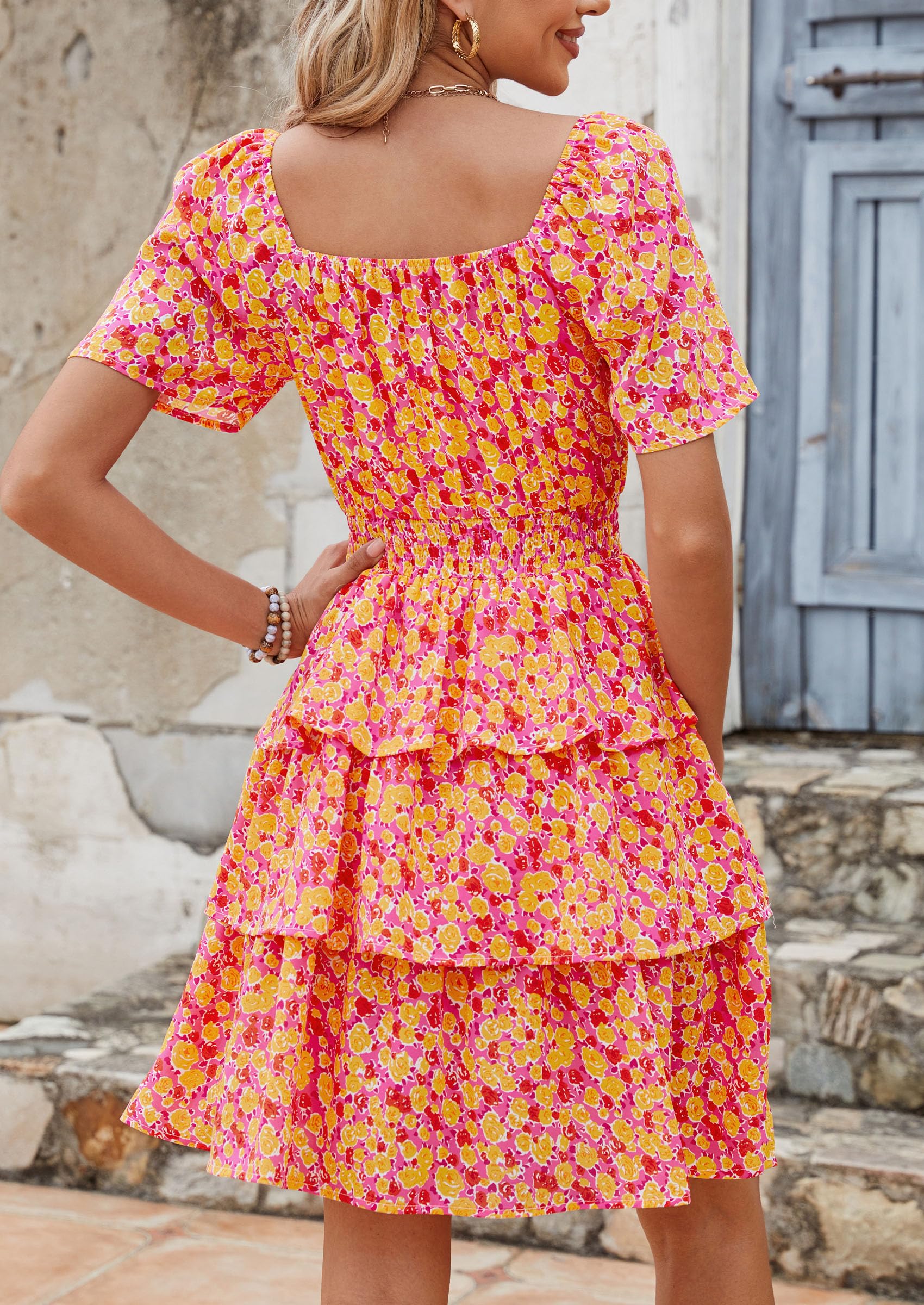 Women's Summer Floral Ruffle Short Dress Rose Red Floral,S