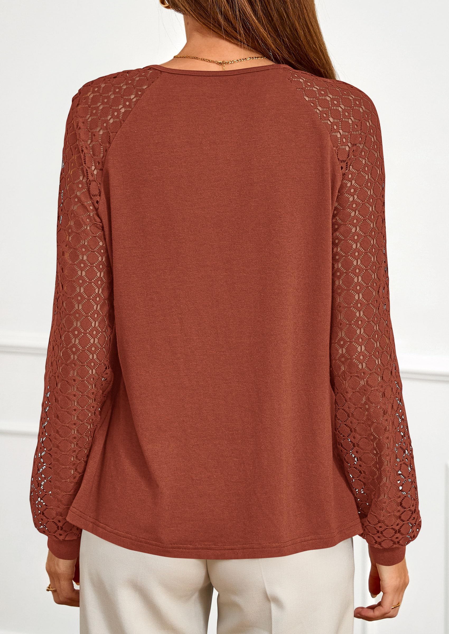 Women's Long Sleeve Shirts Fall Lace Tops,Brick Red,S