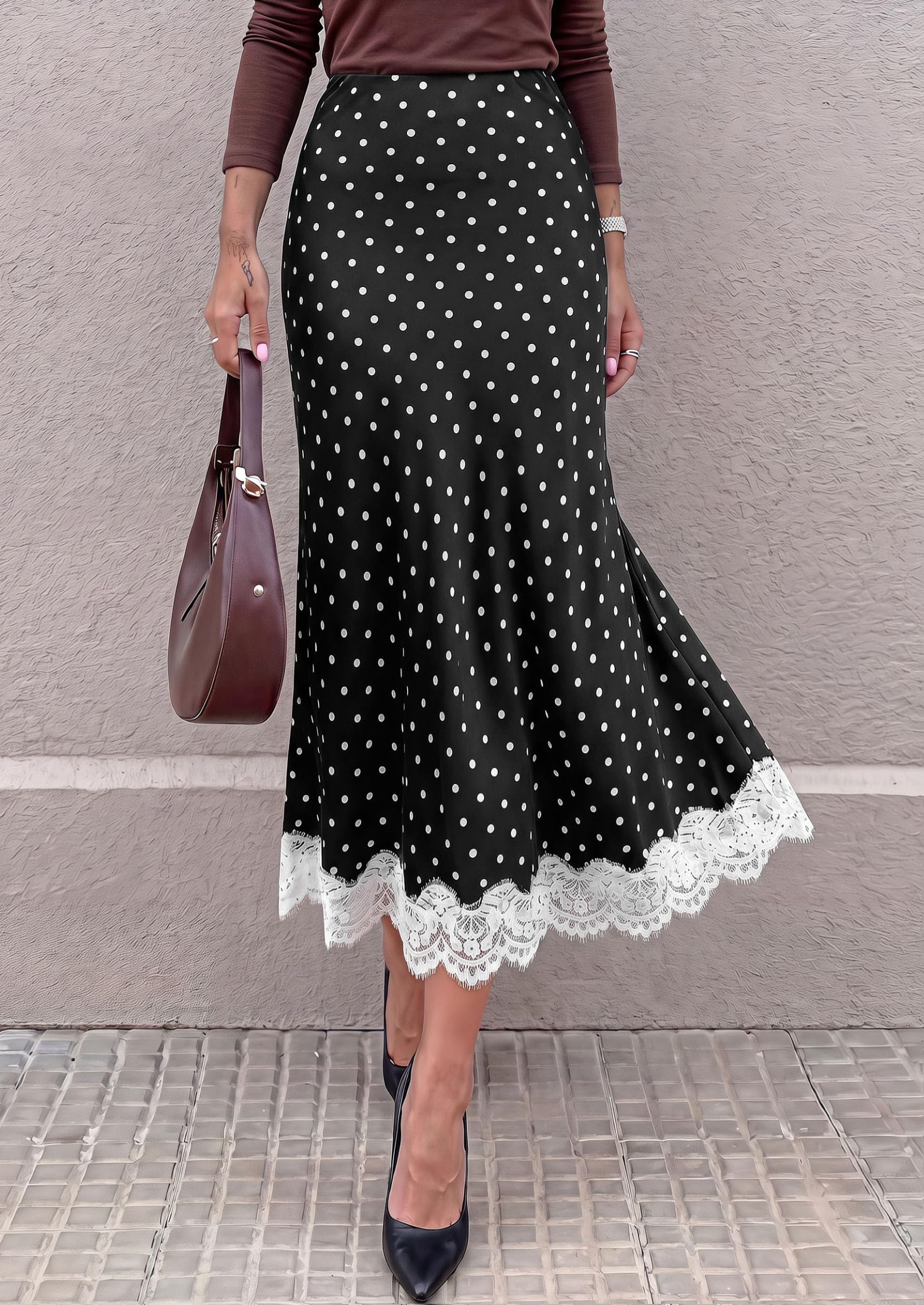 Women's Polka Dot Satin Skirt Fall Flowy Midi Leopard Skirts