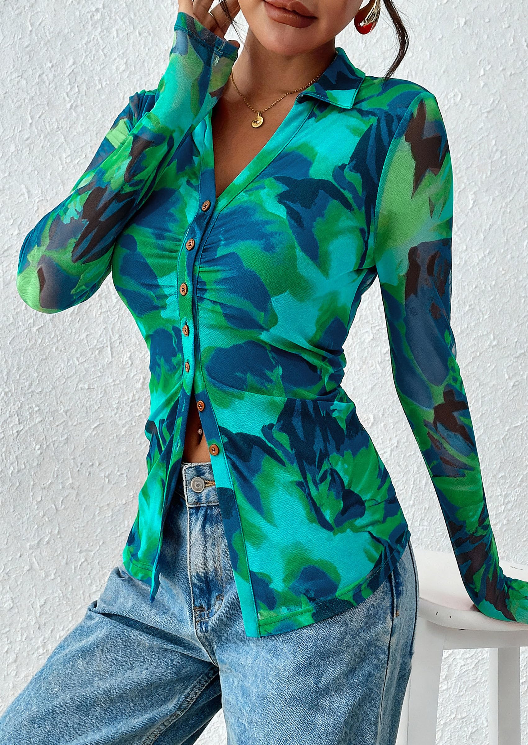Women's Button Down Shirts Boho Mesh Floral Going Out Tops