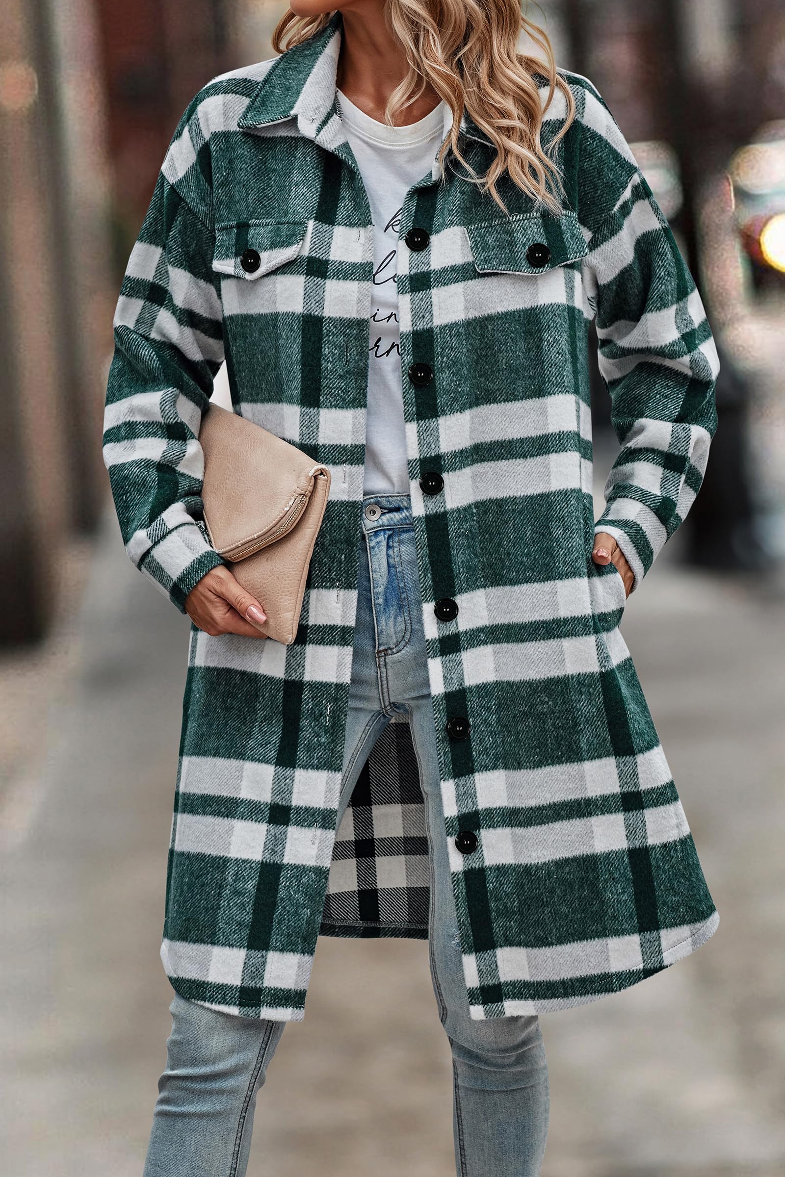 Womens Plaid Shacket Jacket Flannel Shirts,Plaid Dark Green,S