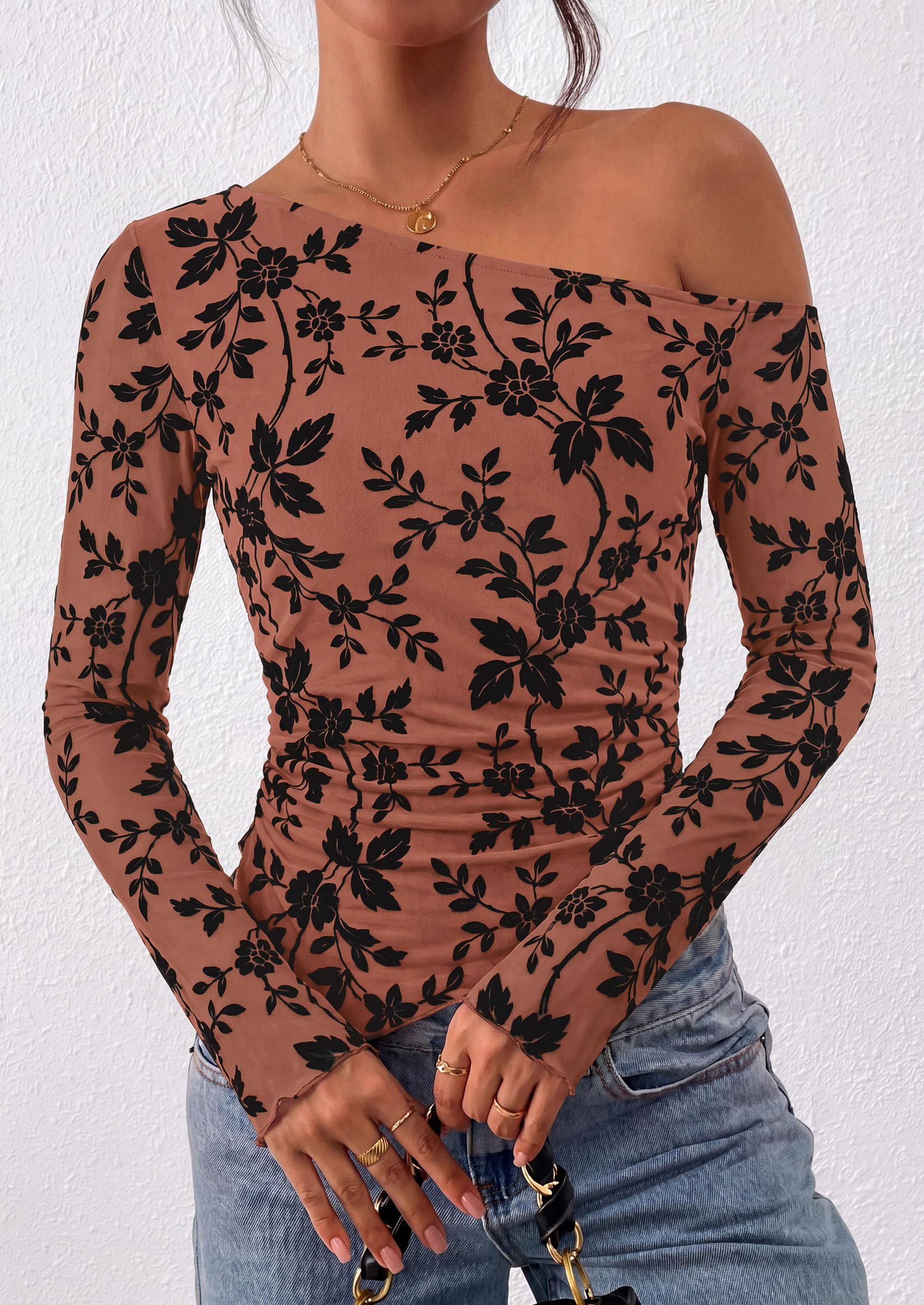 Womens Off Shoulder Mesh Y2k Tops,Rust,XS