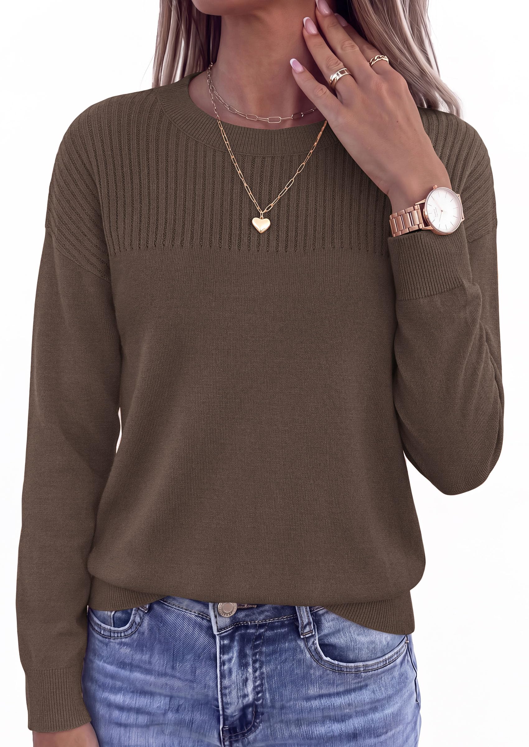 Sweaters for Women Fall Crewneck Knit Cropped Sweater Coffee