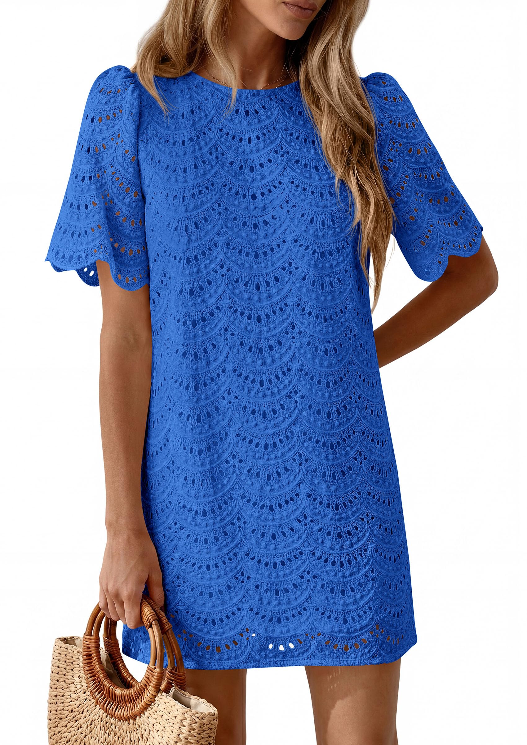 Women's Summer Eyelet Lace Short Dress (Royal Blue,S)