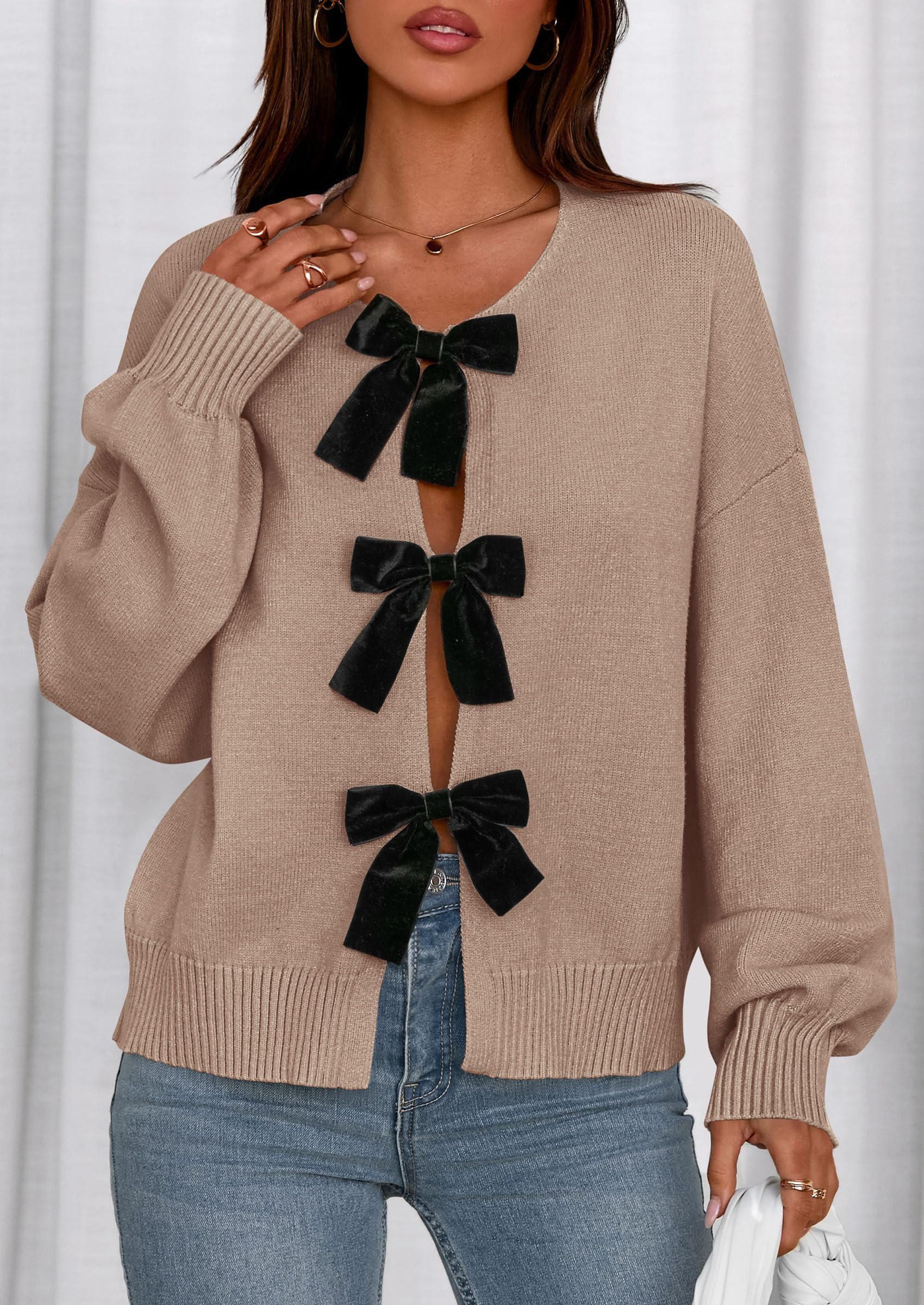 Women's Fall Bow Tie Front Cardigan Sweaters,Khaki,S