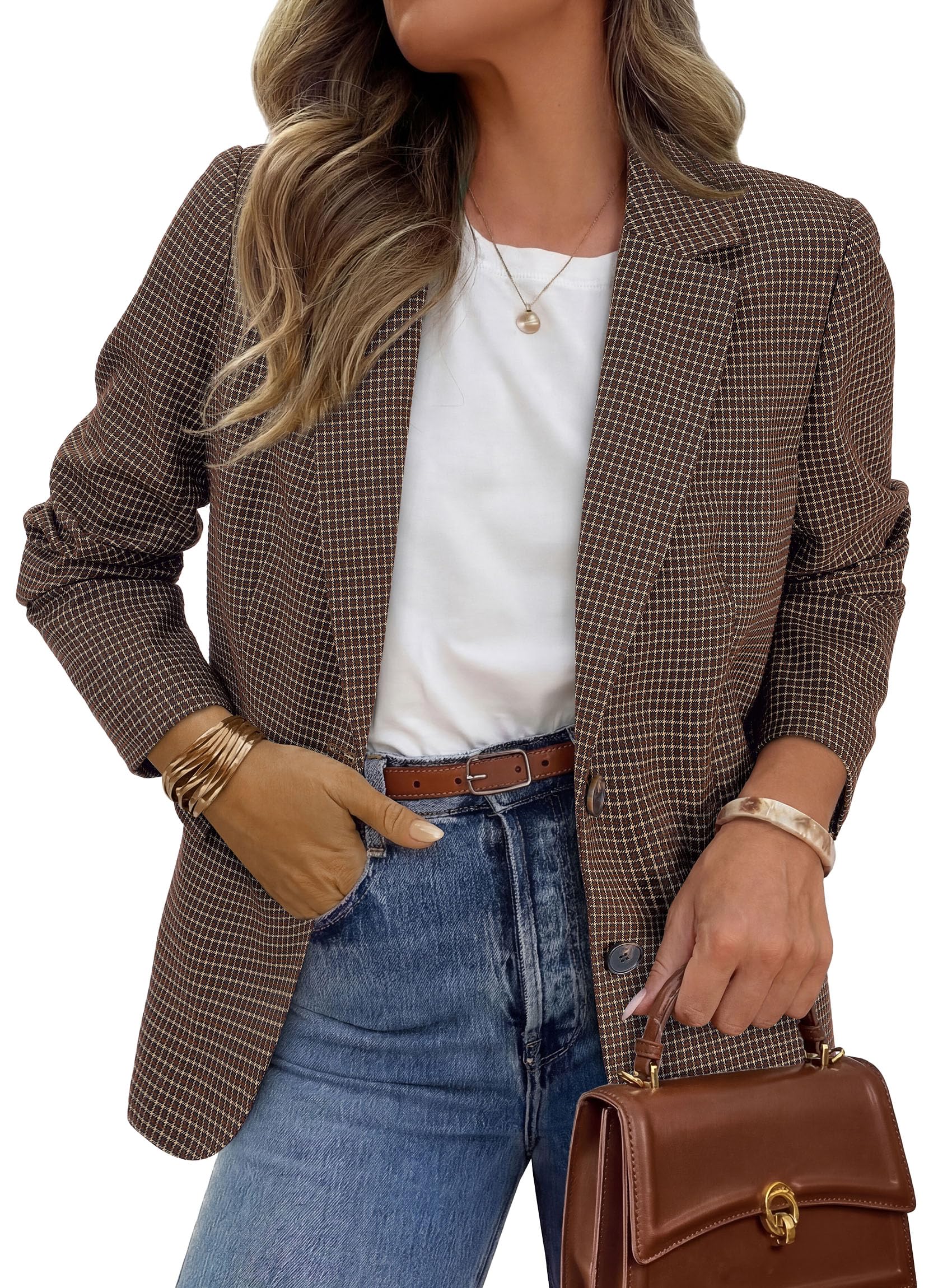Fall Plaid Blazers for Women Business Casual Brown M
