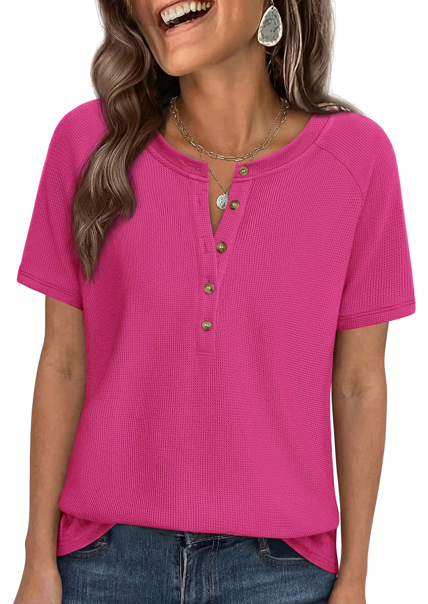 Women's Short Sleeve Waffle Knit Henley Shirts, Hot Pink,S