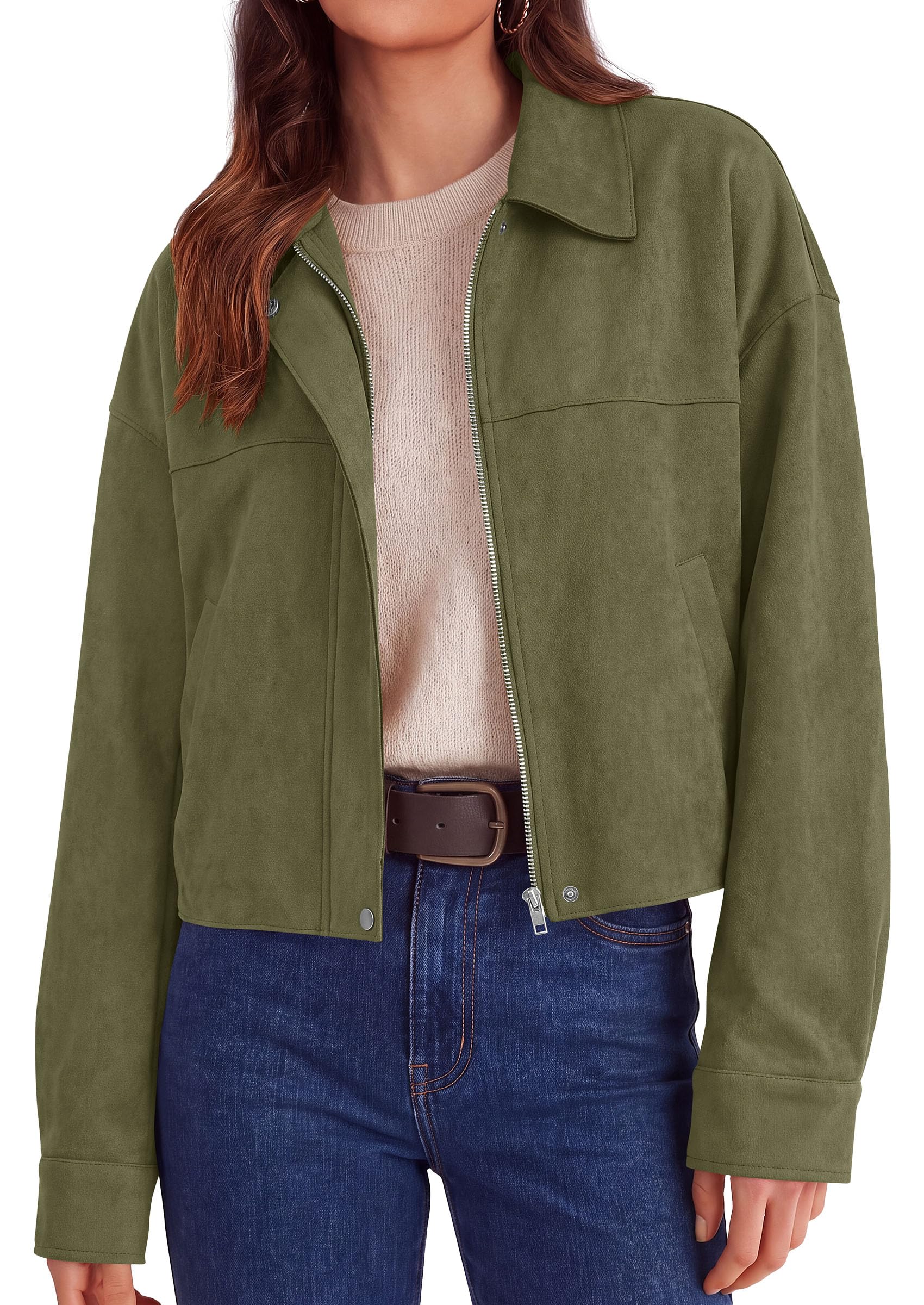 Women's Faux Suede Cropped Fall Jackets,Army Green,M